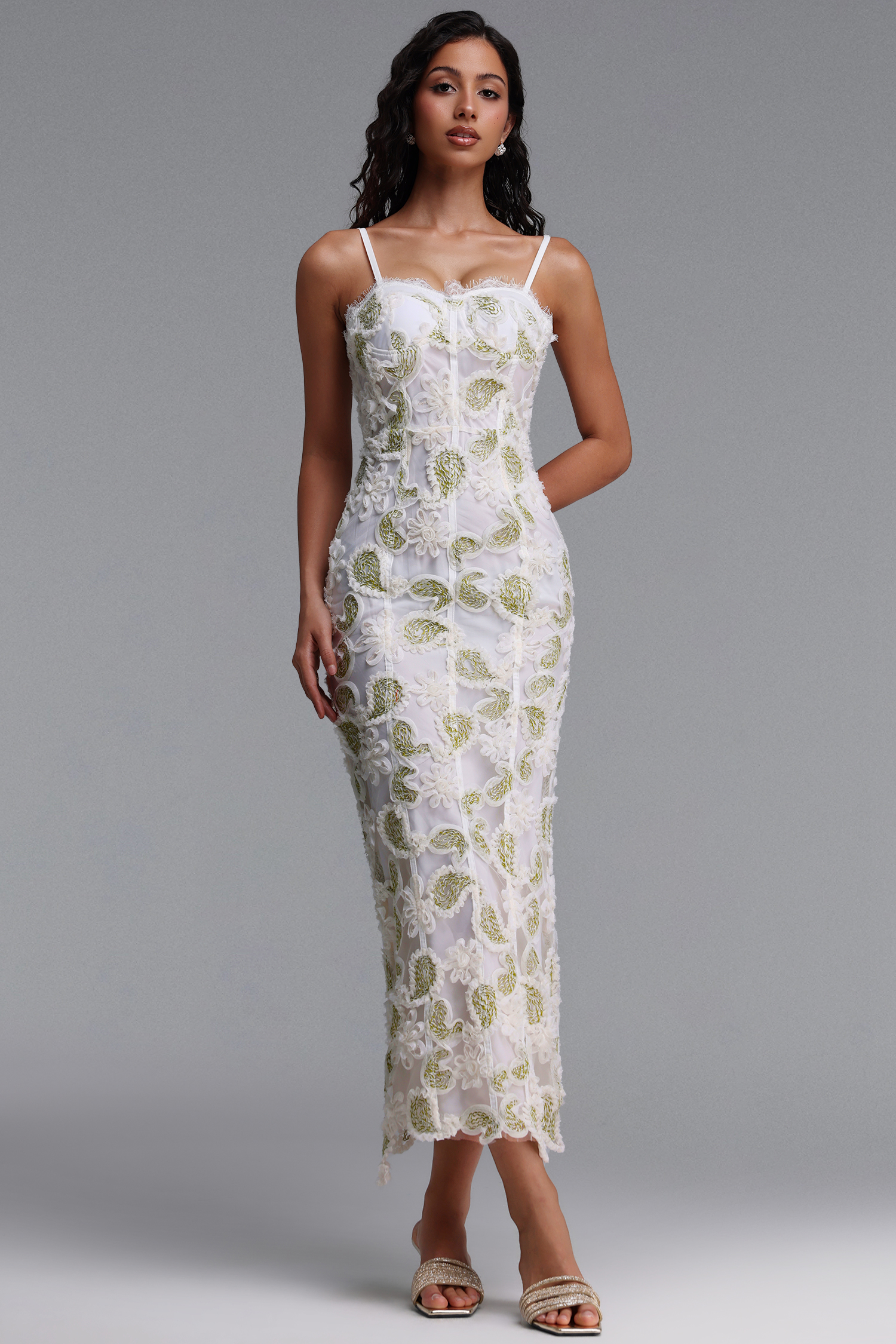 Rivka Exquisite Cinched-Waist Spaghetti Strap Paisley Embroidered Maxi Dress