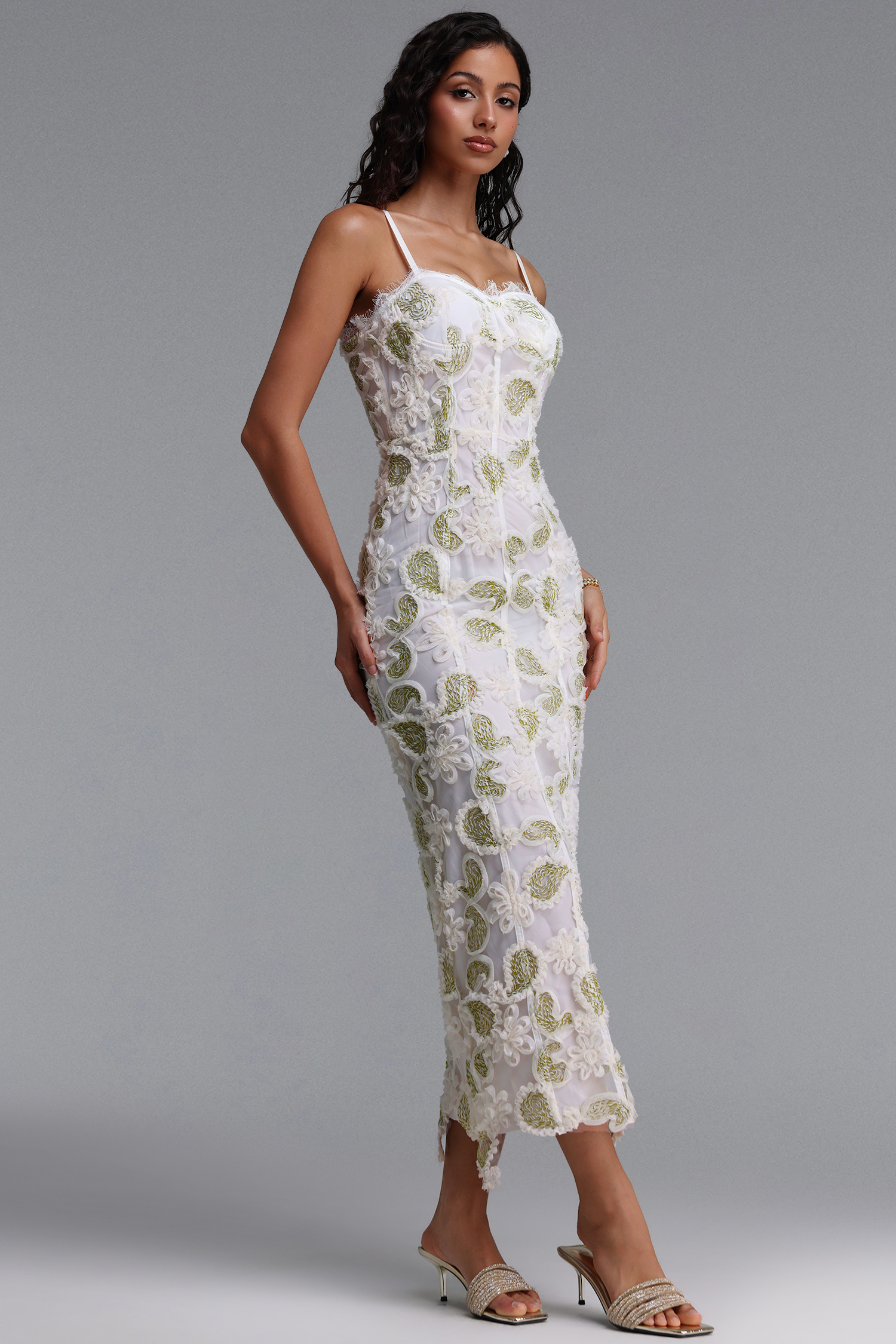 Rivka Exquisite Cinched-Waist Spaghetti Strap Paisley Embroidered Maxi Dress