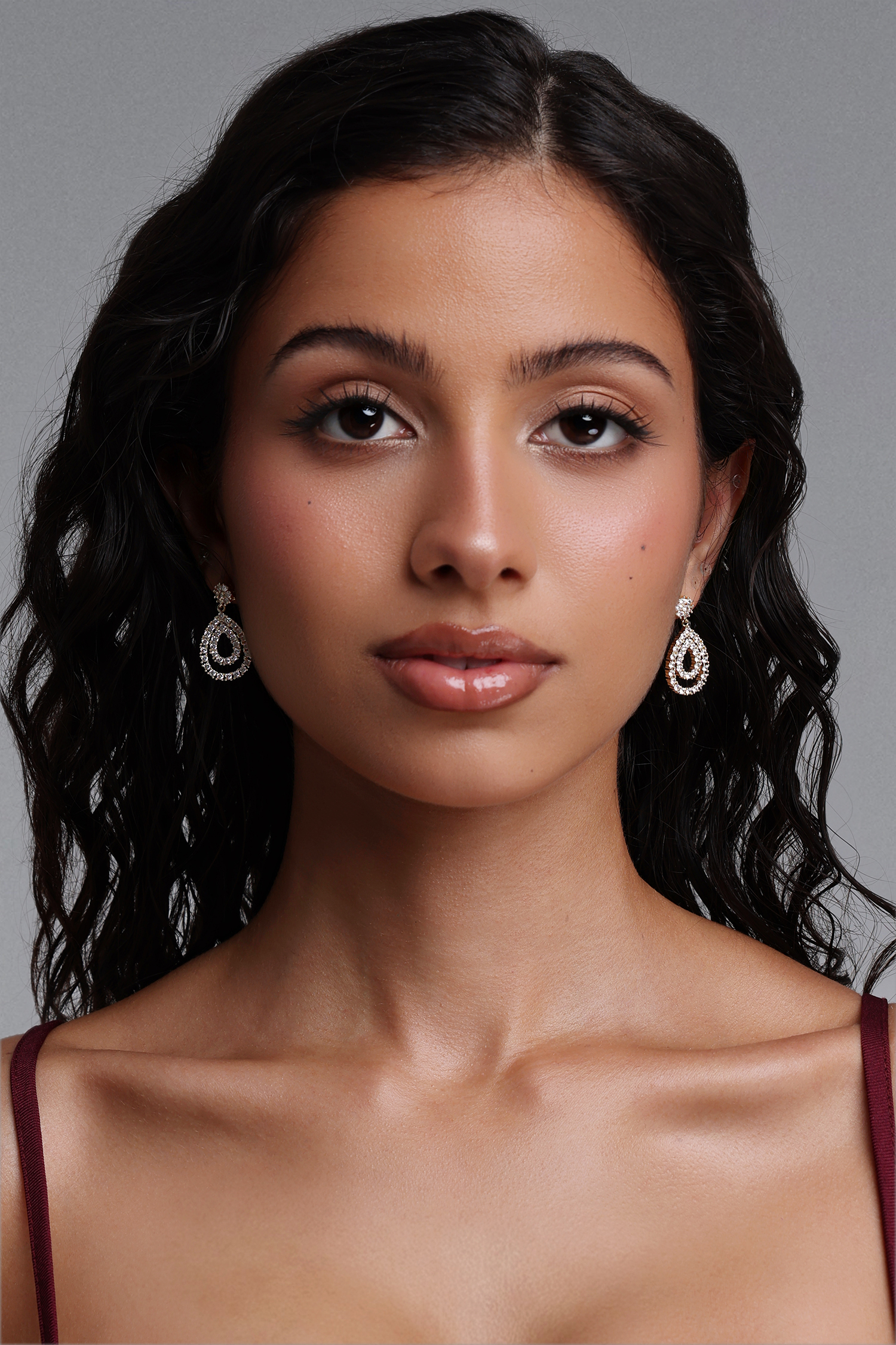 Villa Double Layer Diamond Hollow Teardrop Drop Gold Earrings