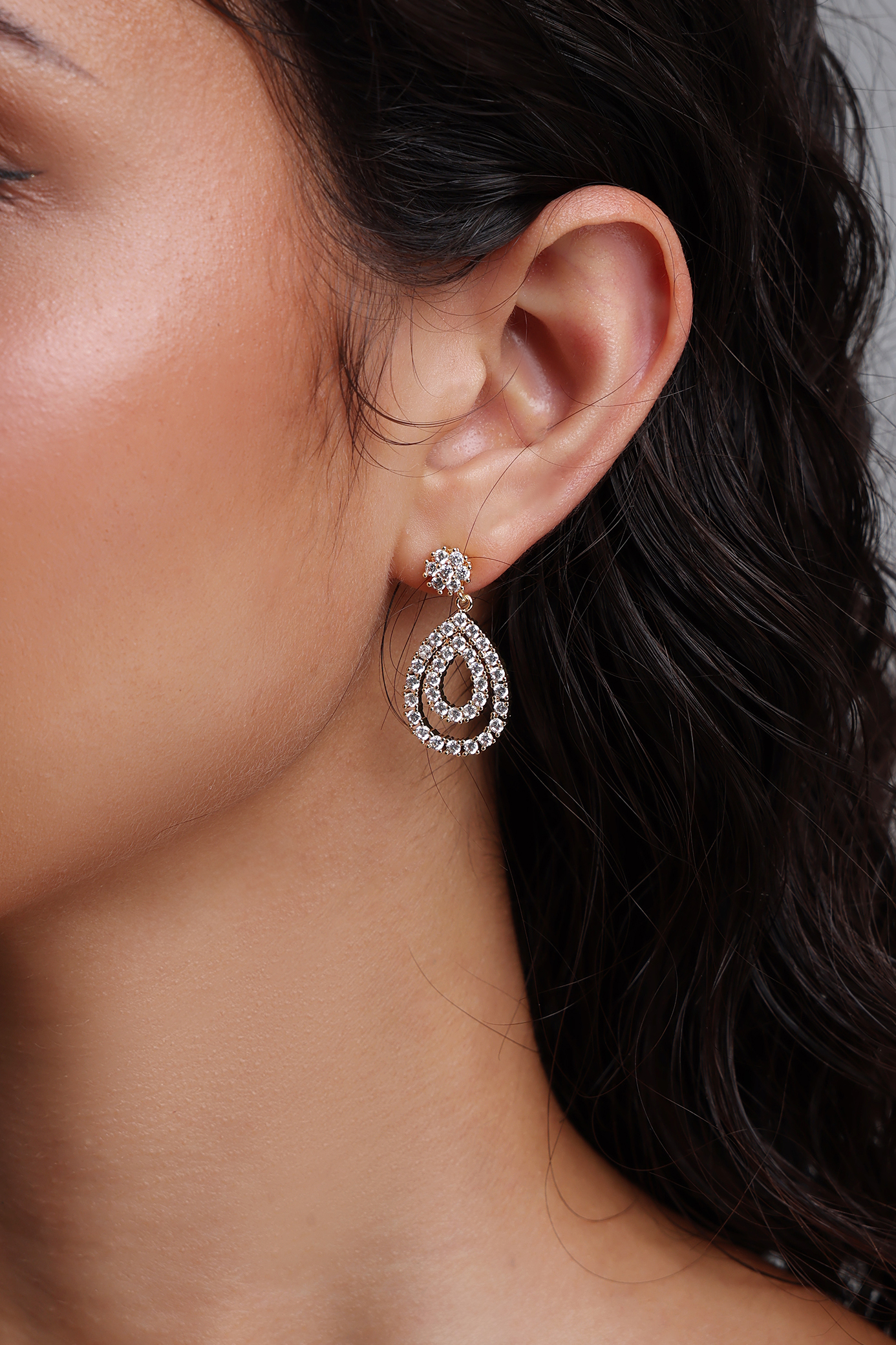 Villa Double Layer Diamond Hollow Teardrop Drop Gold Earrings