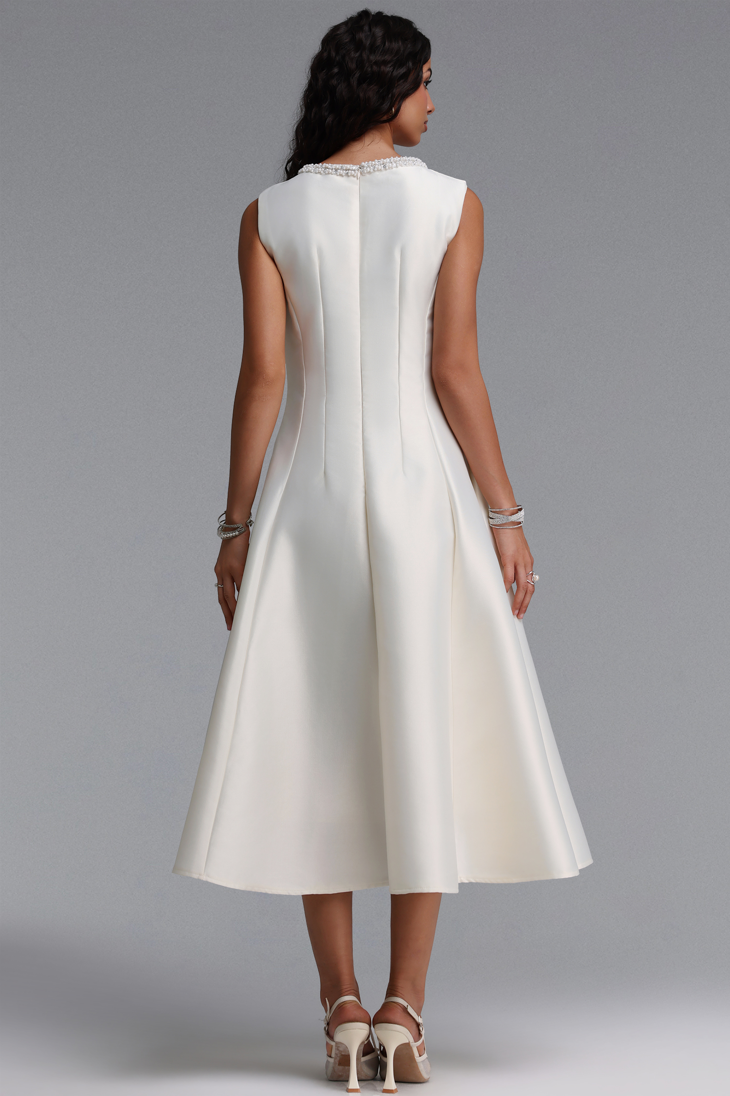 Velma Minimalist Cinched-Waist Sleeveless Pearl Rhinestone A-Line Maxi Dress