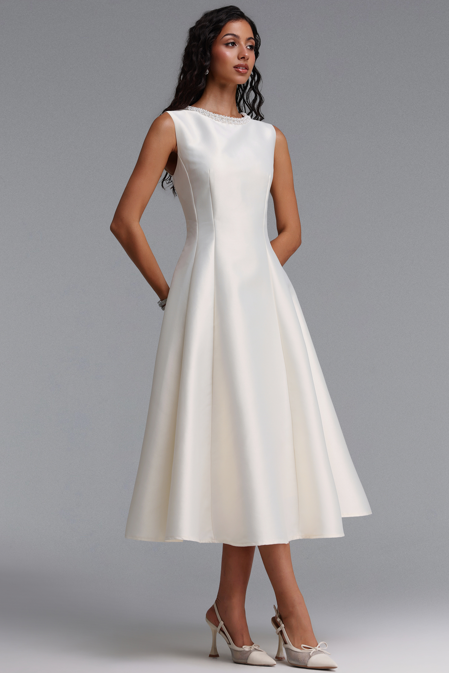 Velma Minimalist Cinched-Waist Sleeveless Pearl Rhinestone A-Line Maxi Dress