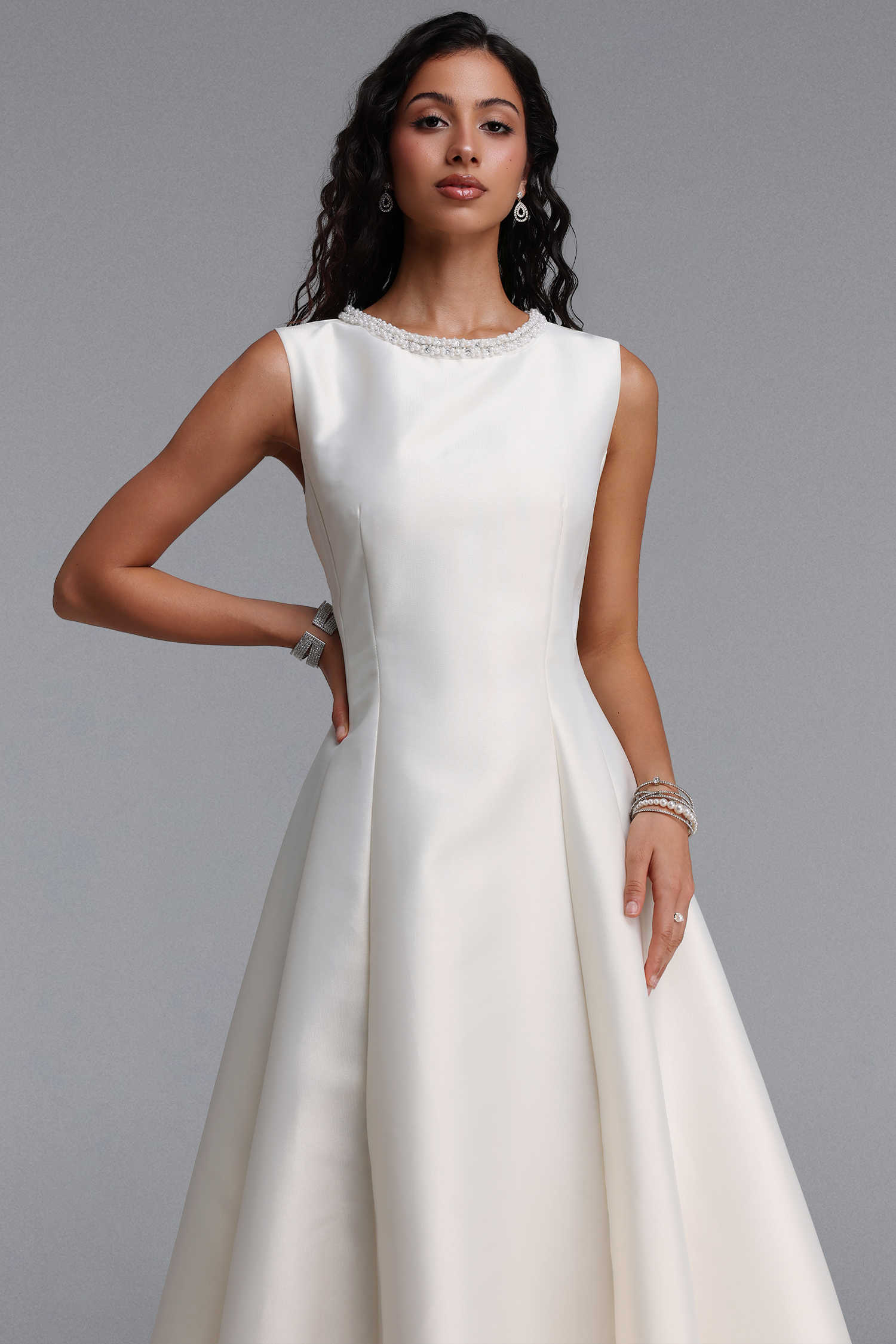Velma Minimalist Cinched-Waist Sleeveless Pearl Rhinestone A-Line Maxi Dress