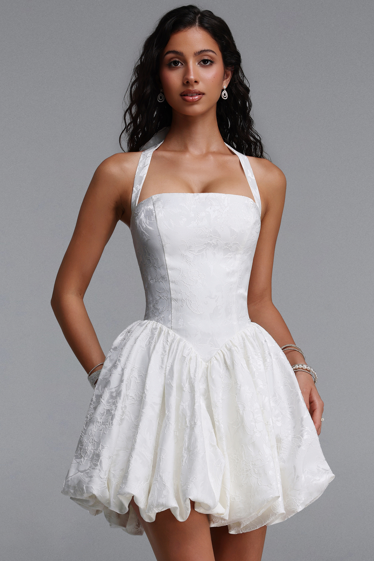 Dasha Elegant Contour Halter Floral Jacquard Mini Cocktail Dress