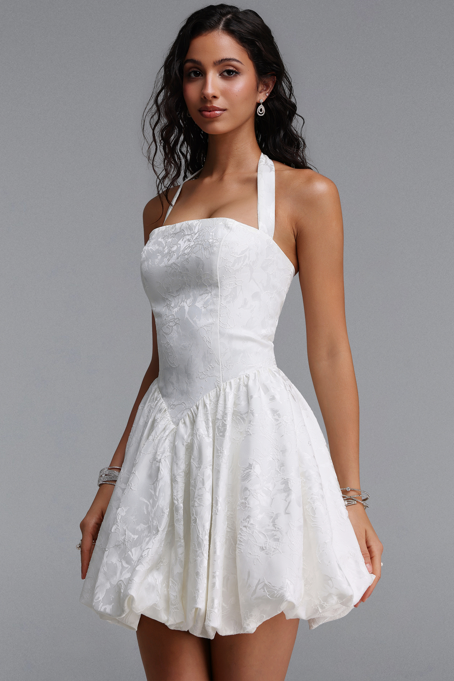 Dasha Elegant Contour Halter Floral Jacquard Mini Cocktail Dress