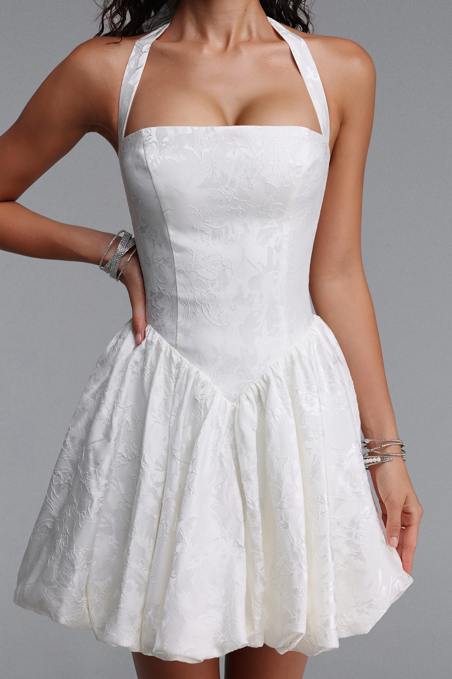Dasha Elegant Contour Halter Floral Jacquard Mini Cocktail Dress