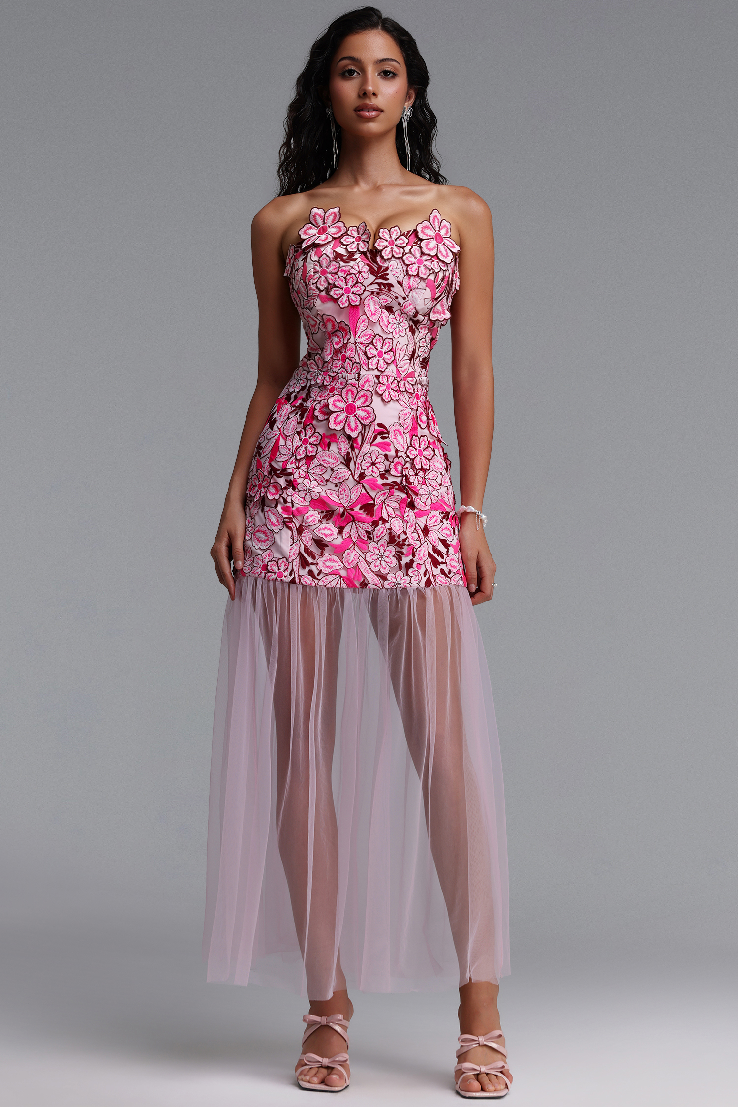 Raxa Exquisite Cinched-Waist Embroidered Floral Midi Dress