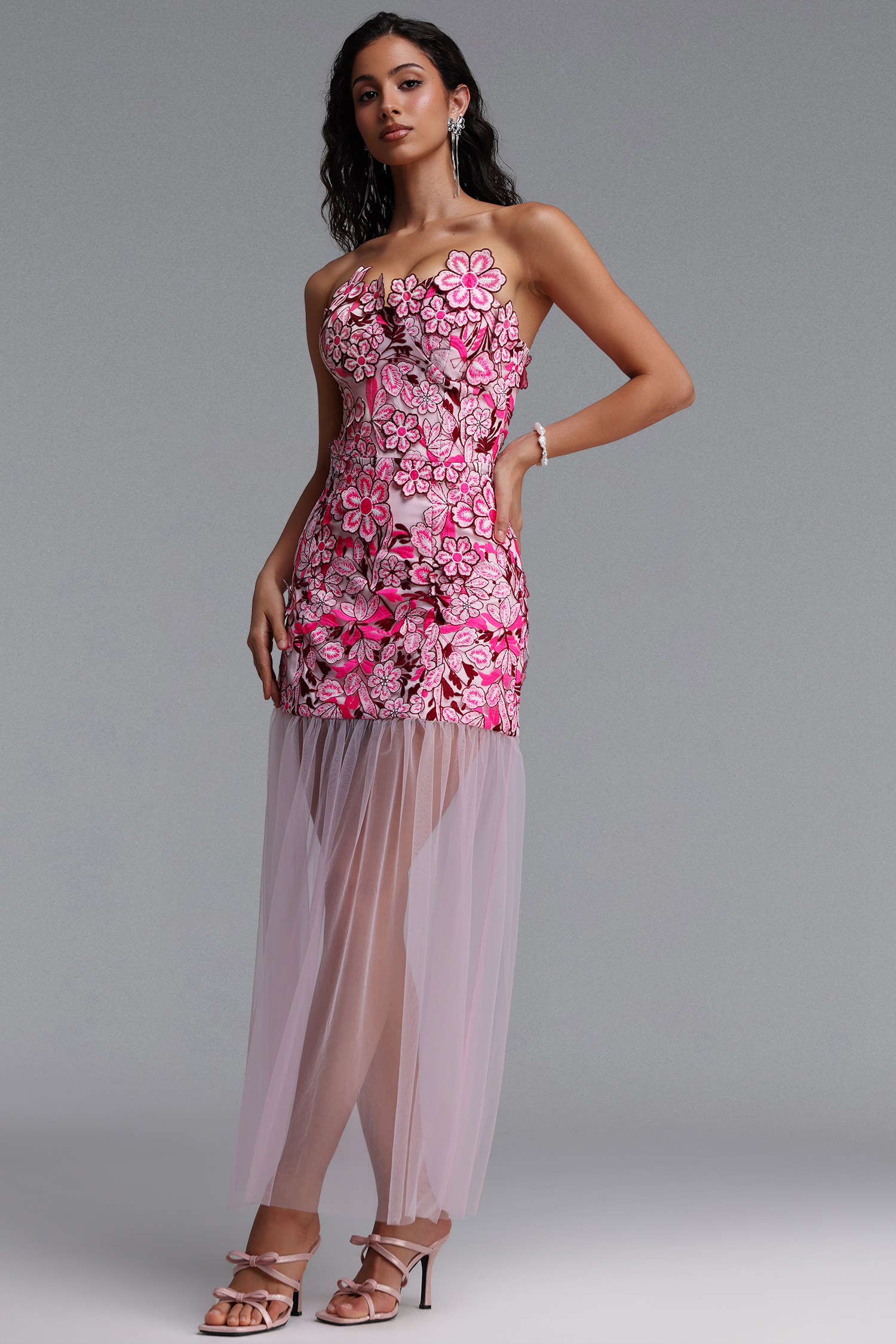 Raxa Exquisite Cinched-Waist Embroidered Floral Midi Dress