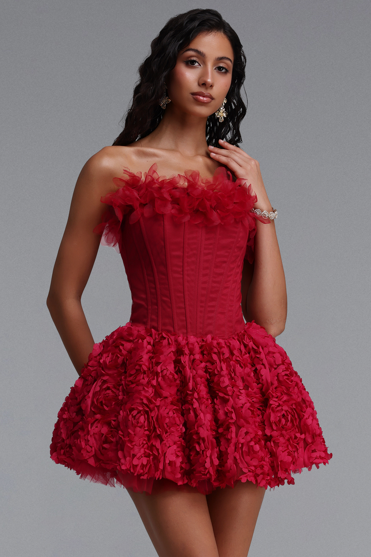 Judith Exquisite Cinched-Waist Corset Strapless Floral Mini Dress