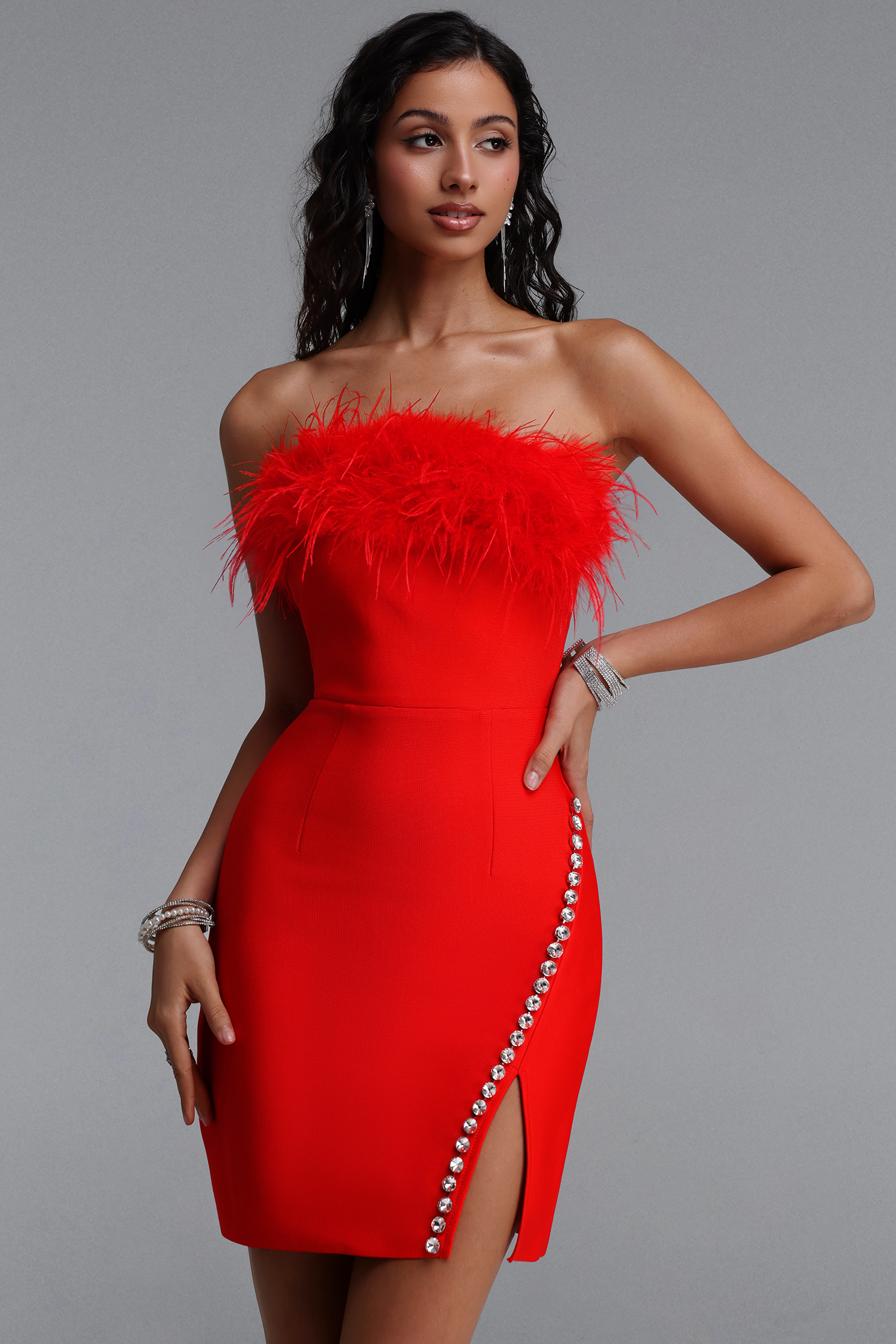 Donna Chic Contour Strapless Feather Rhinestone Slit Bandage Mini Dress