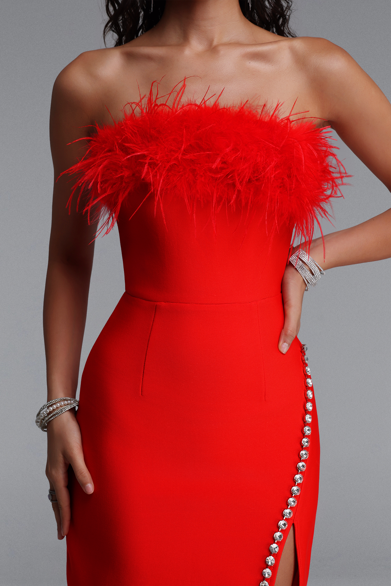 Donna Chic Contour Strapless Feather Rhinestone Slit Bandage Mini Dress