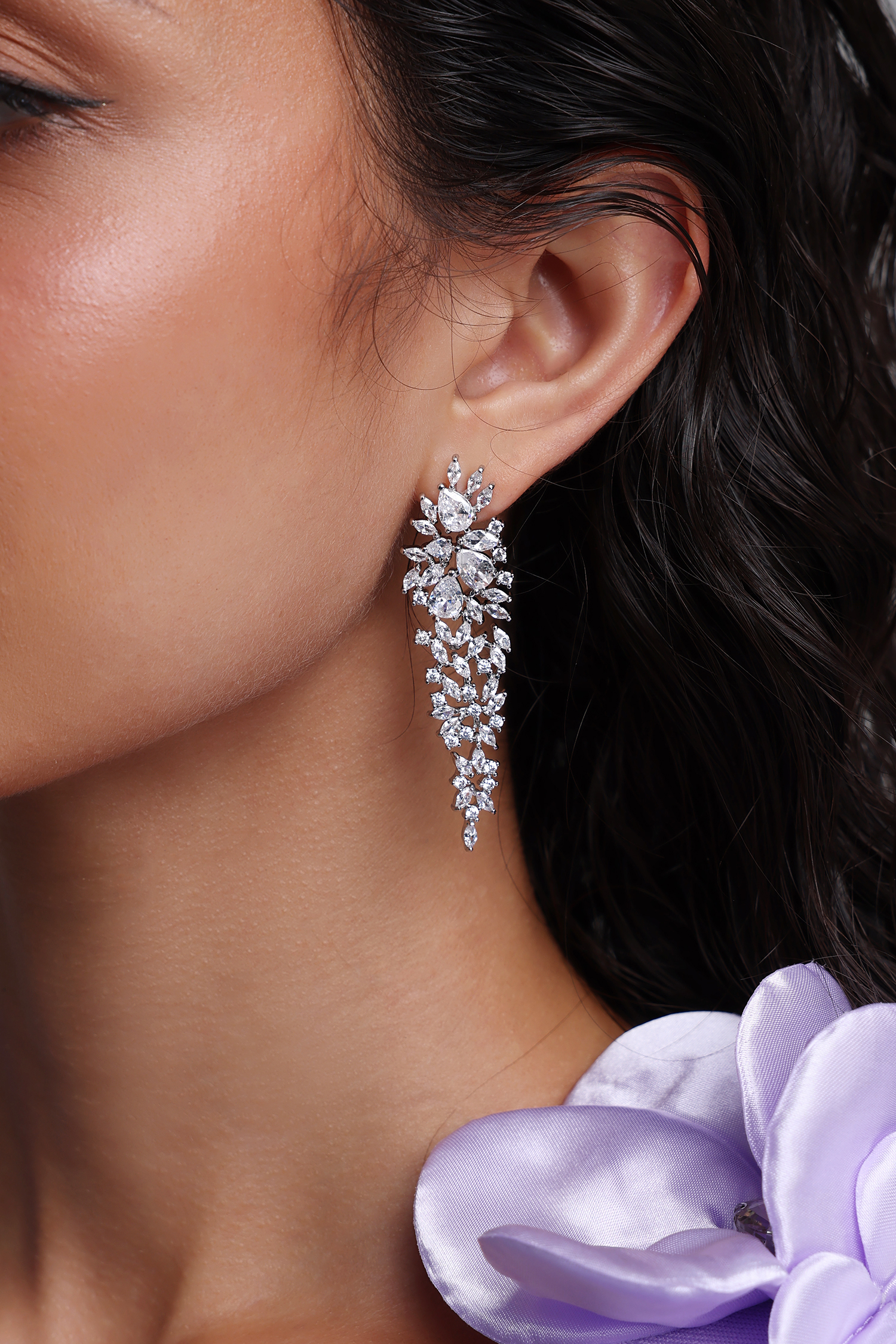 Sada Silver Multi Layer Diamond Long Waterfall Drop Earrings