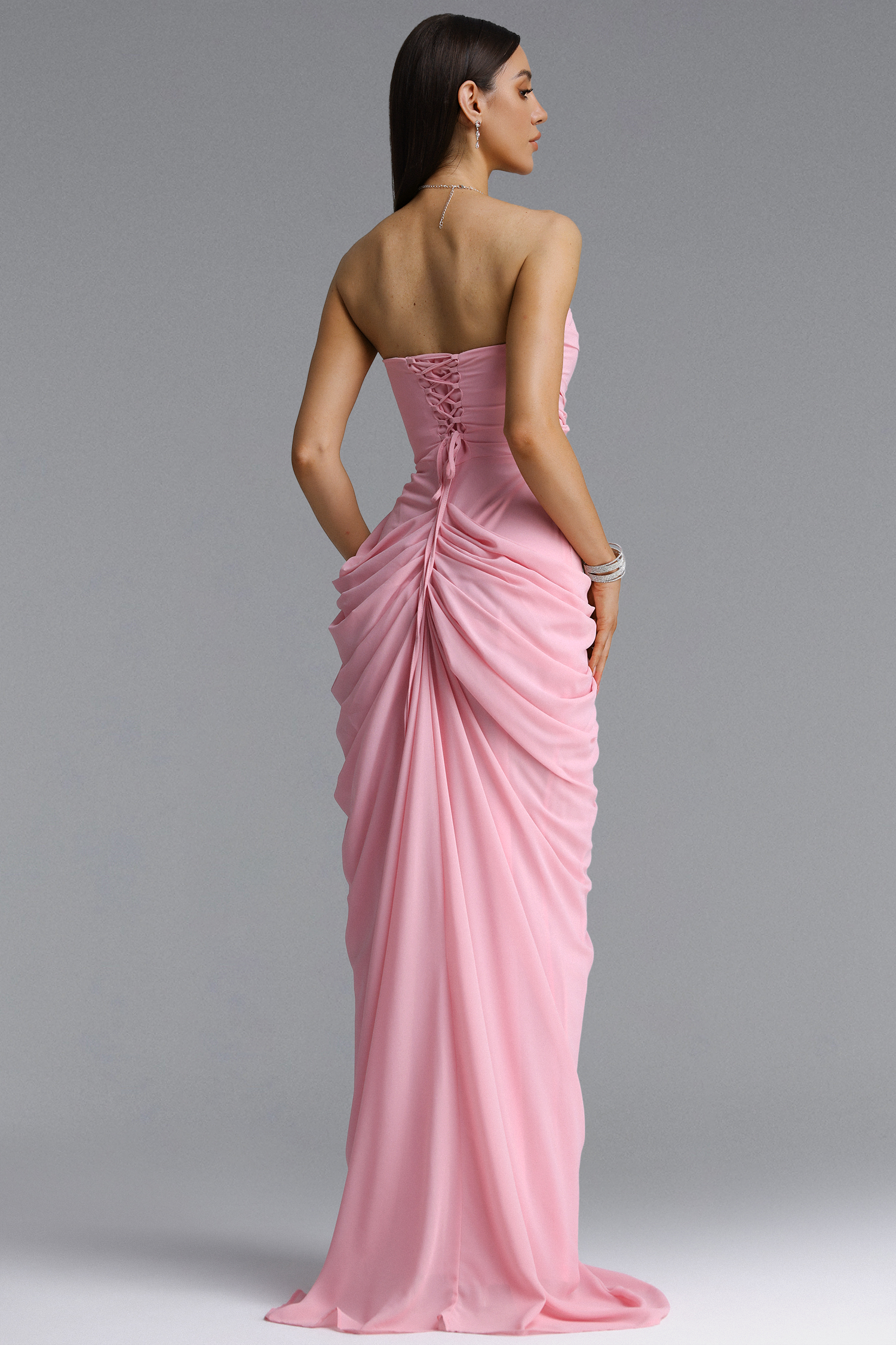 Tazeda Elegant Contour Strapless Ruched Mesh Pink Maxi Dress