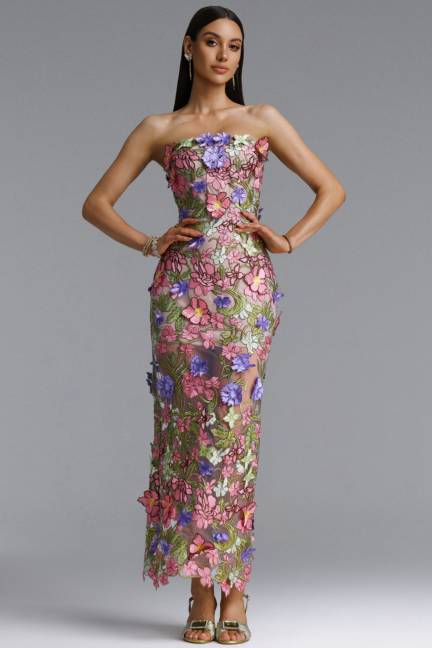 Julissa Elegant Strapless Floral Embroidery Maxi Dress