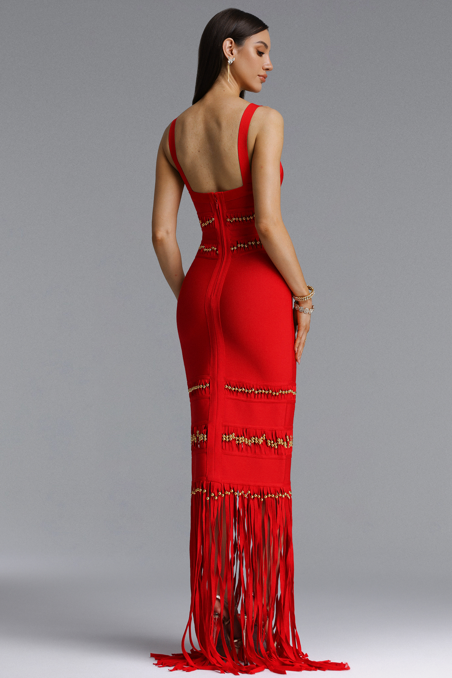 Shanley Chic Contour Sleeveless Beaded Fringe Black Bandage Maxi Dress