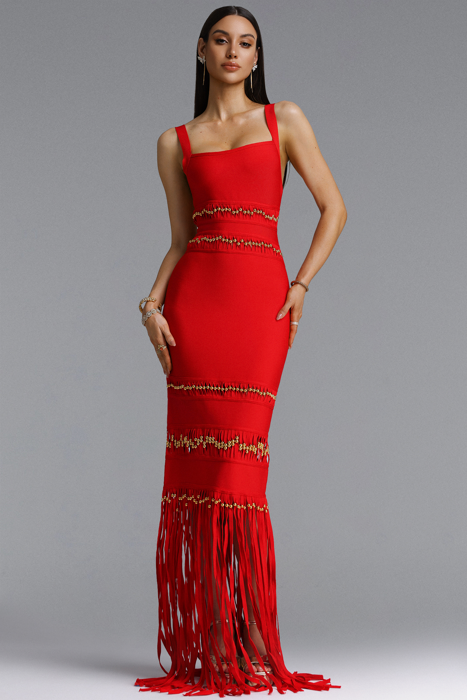 Shanley Chic Contour Sleeveless Beaded Fringe Black Bandage Maxi Dress