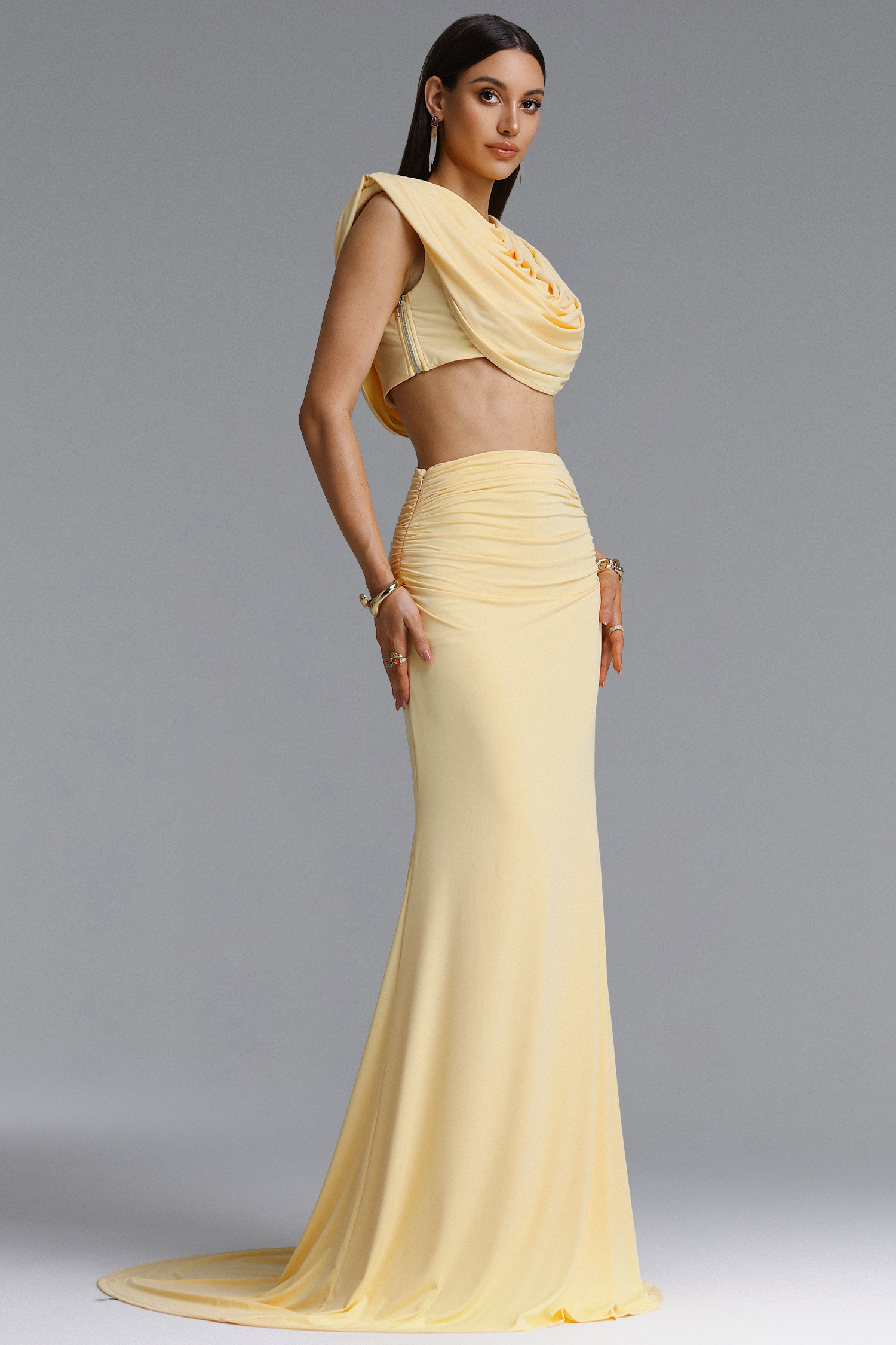 Gerianna Chic Sophisticated Draped Crop Top High Waist Ruched Set