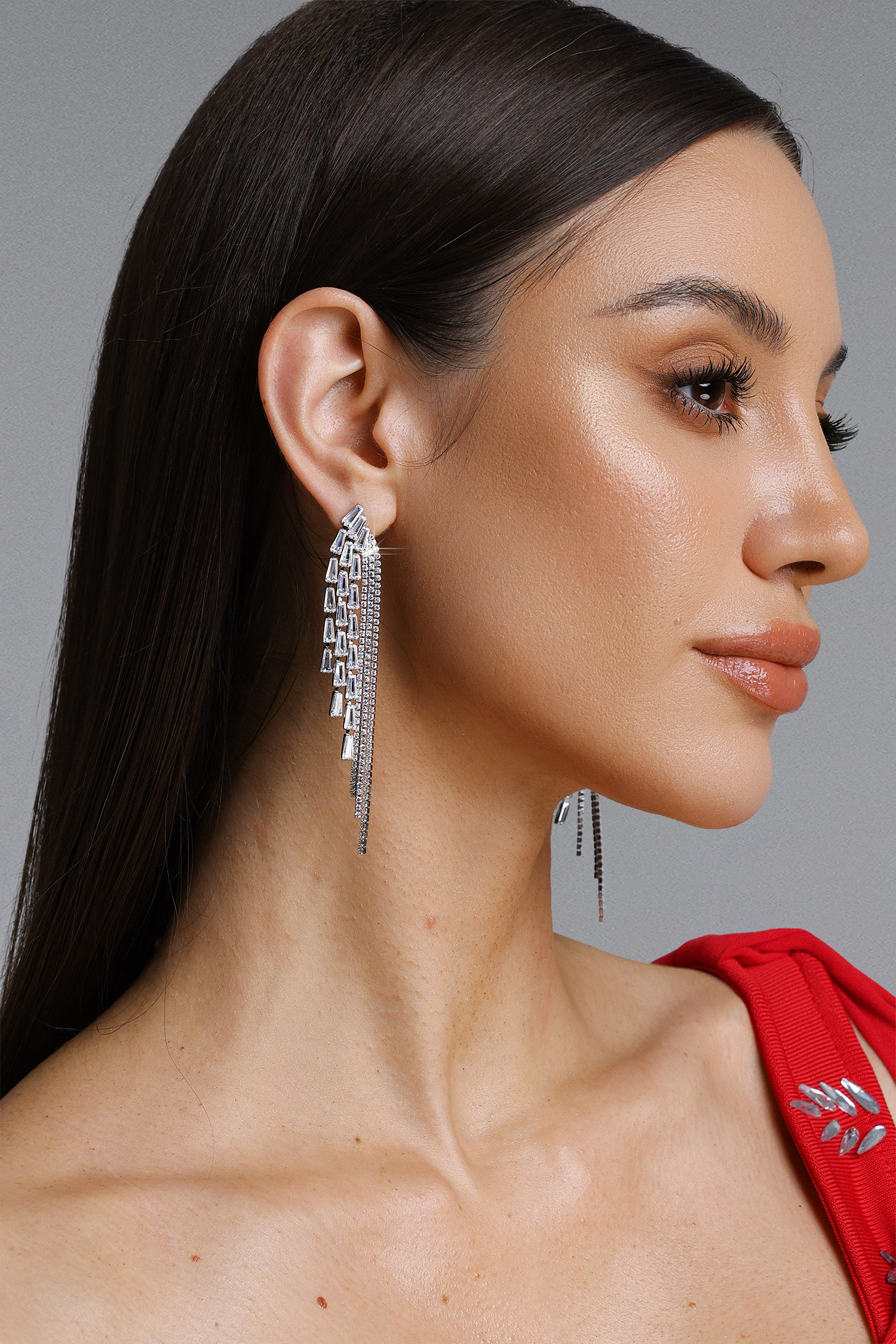 Elaba Baguette Diamond Long Waterfall Earrings