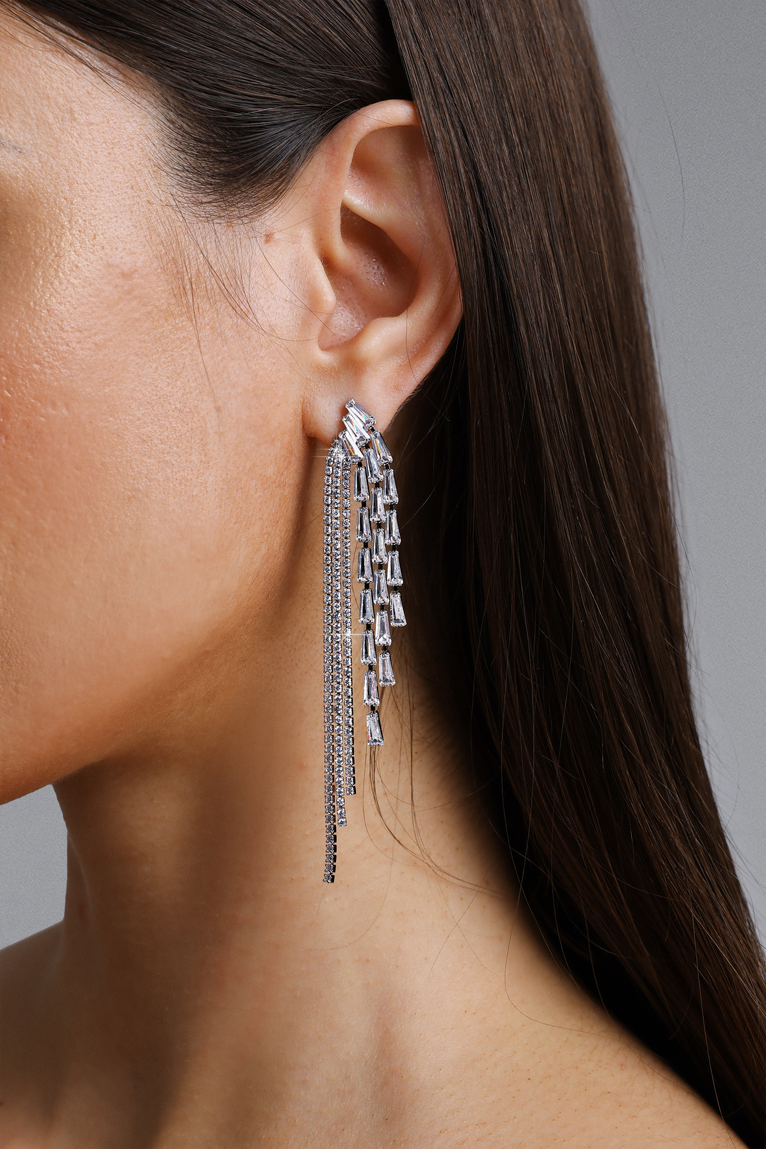 Elaba Baguette Diamond Long Waterfall Earrings