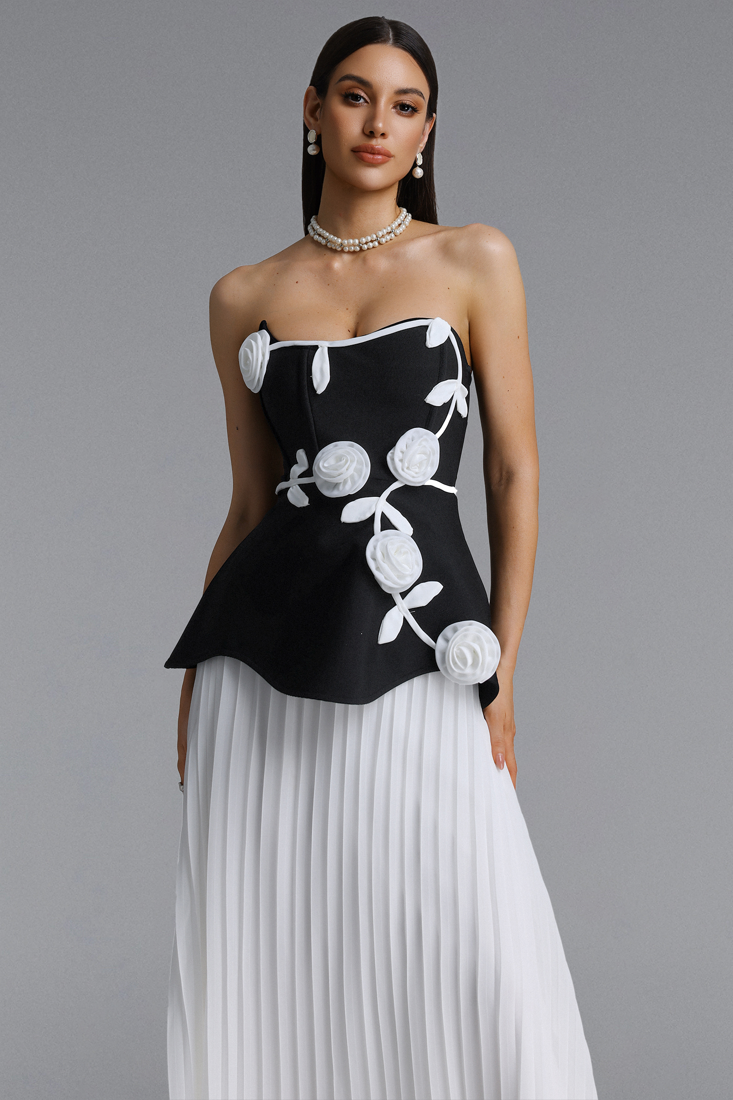 Niavia Elegant Strapless Floral Pleated Bandage Maxi Dress