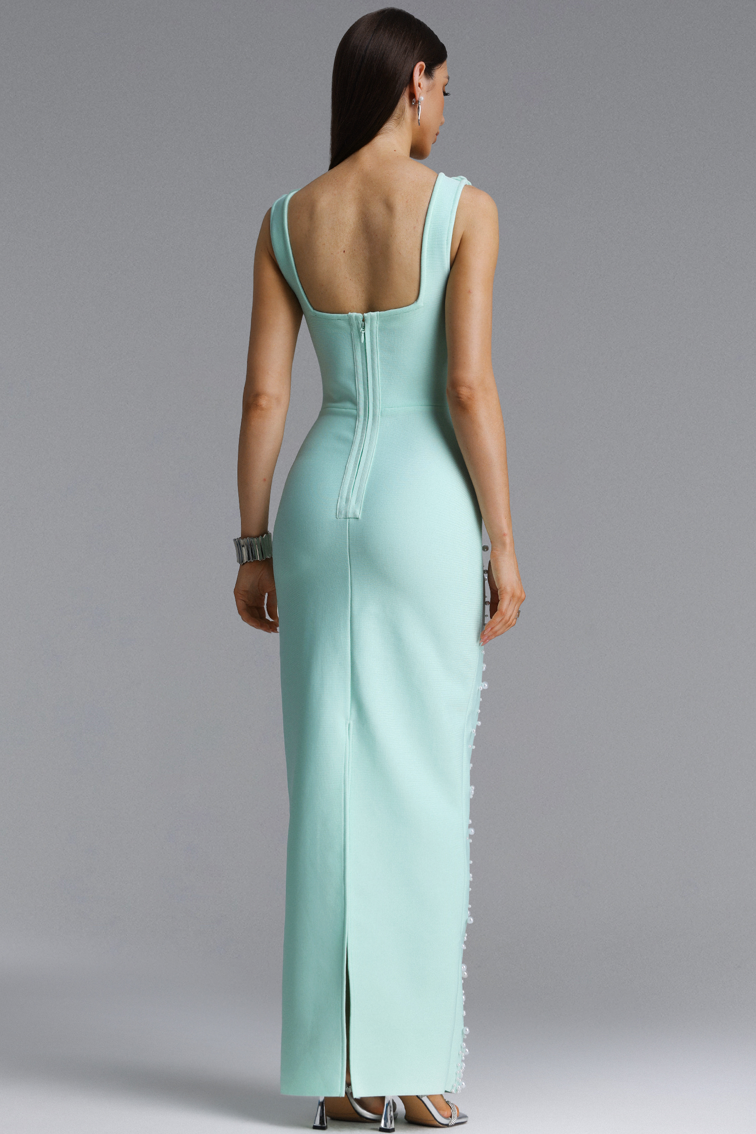 Shea Elegant Contour Square Neck Floral Pearl Bandage Green Maxi Dress
