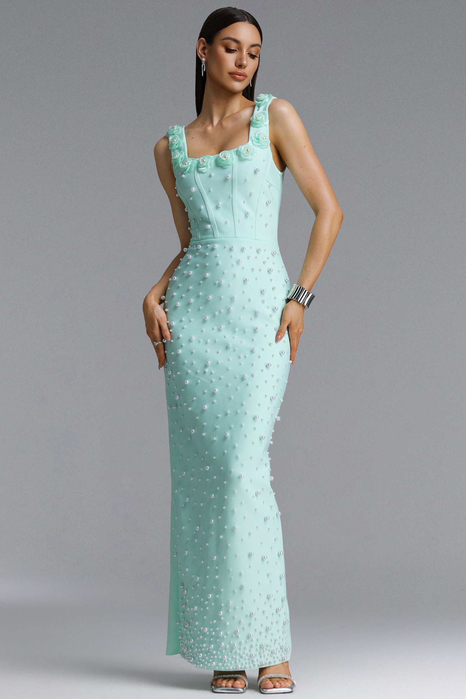 Shea Elegant Contour Square Neck Floral Pearl Bandage Green Maxi Dress