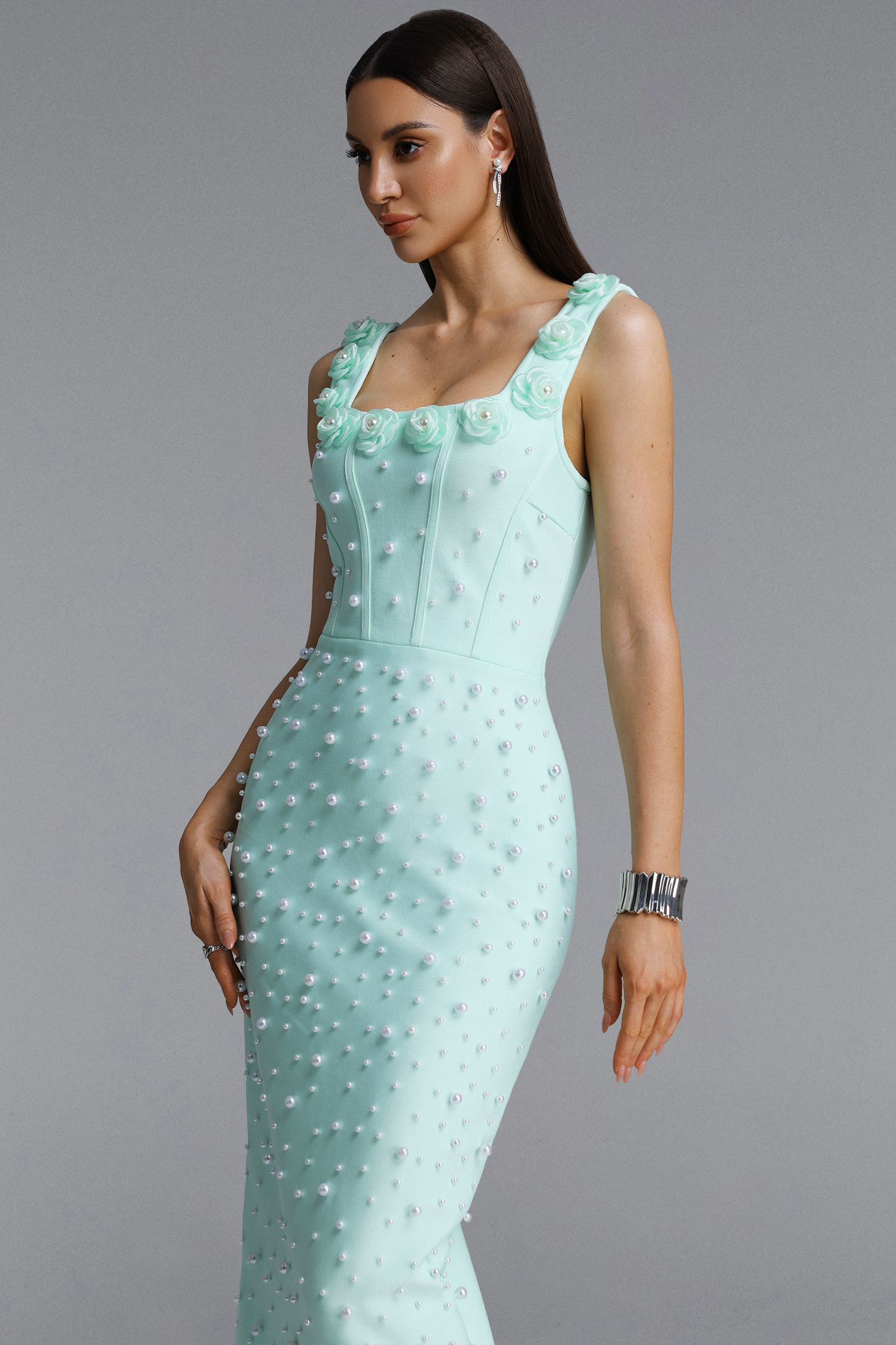 Shea Elegant Contour Square Neck Floral Pearl Bandage Green Maxi Dress