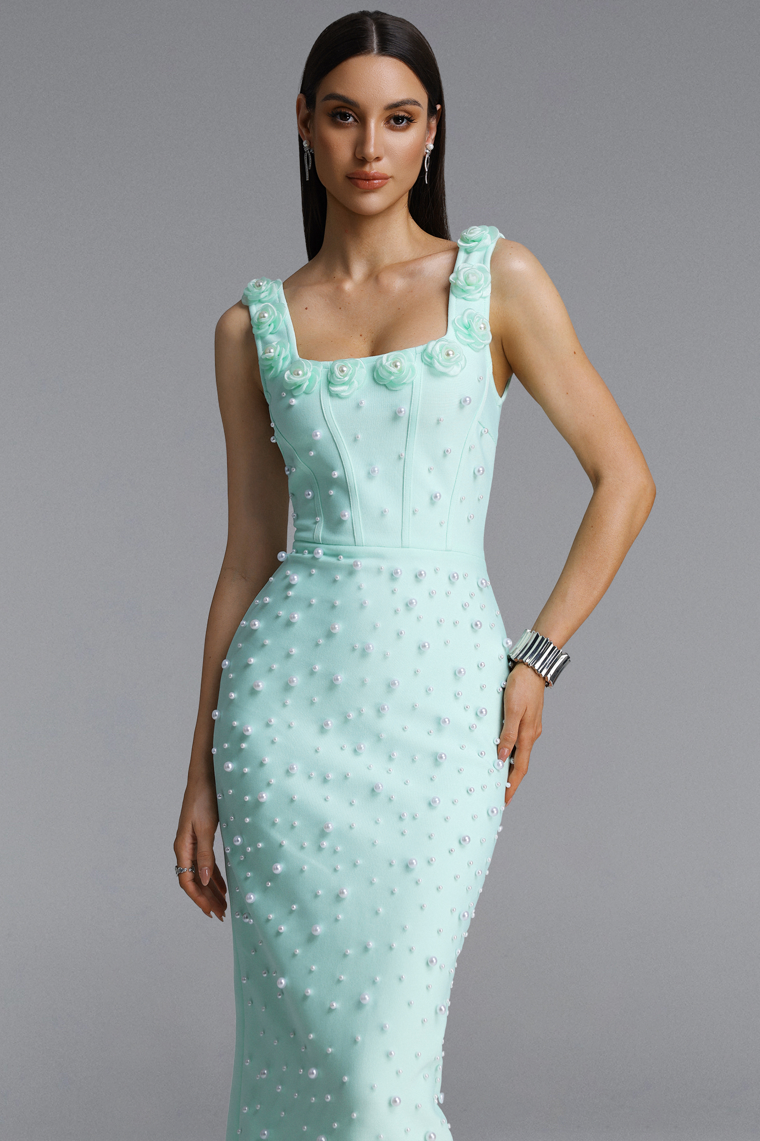 Shea Elegant Contour Square Neck Floral Pearl Bandage Green Maxi Dress