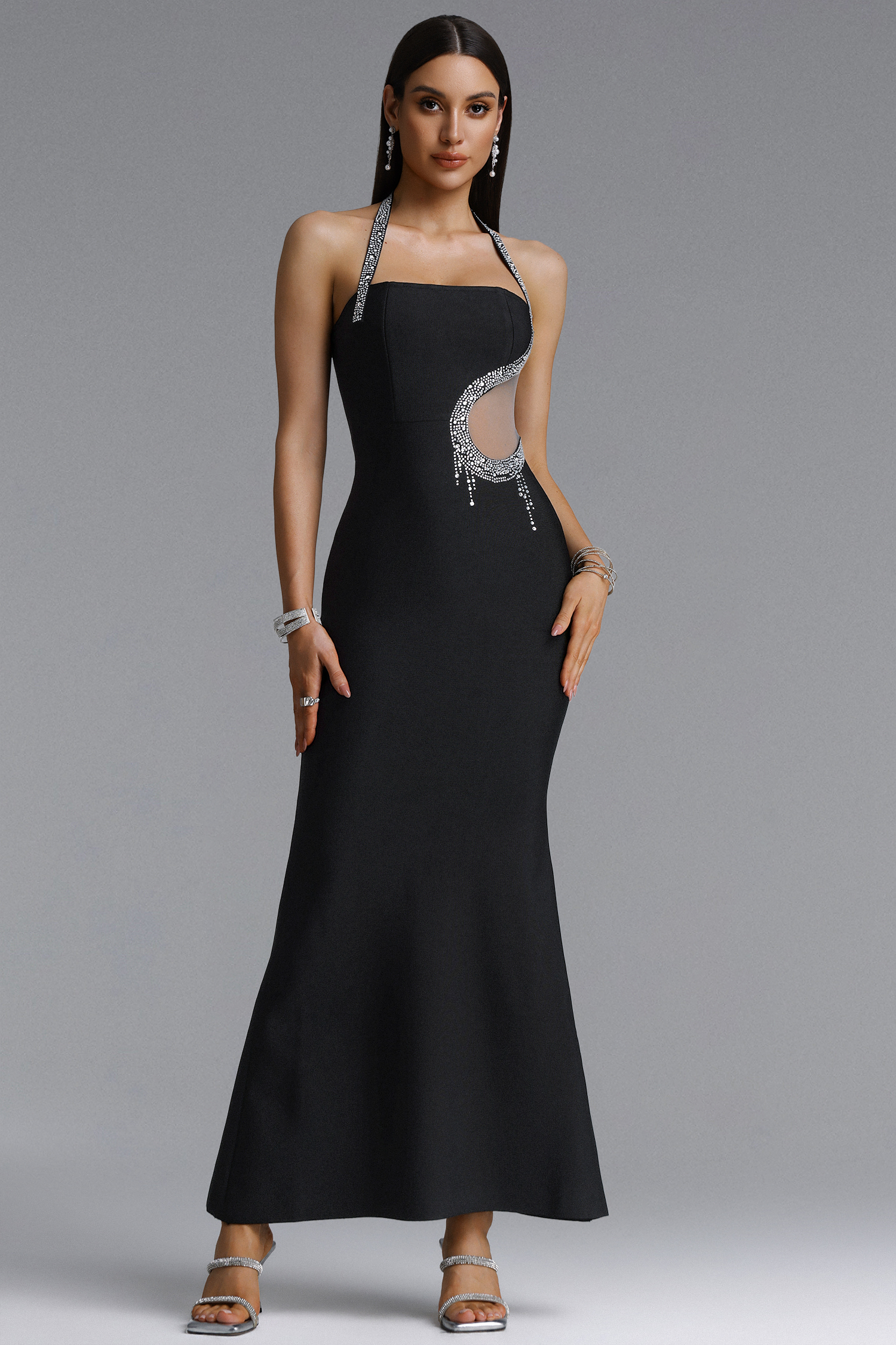 Rakel Sexy Halter Rhinestone Cut Out Mermaid Bandage Maxi Dress