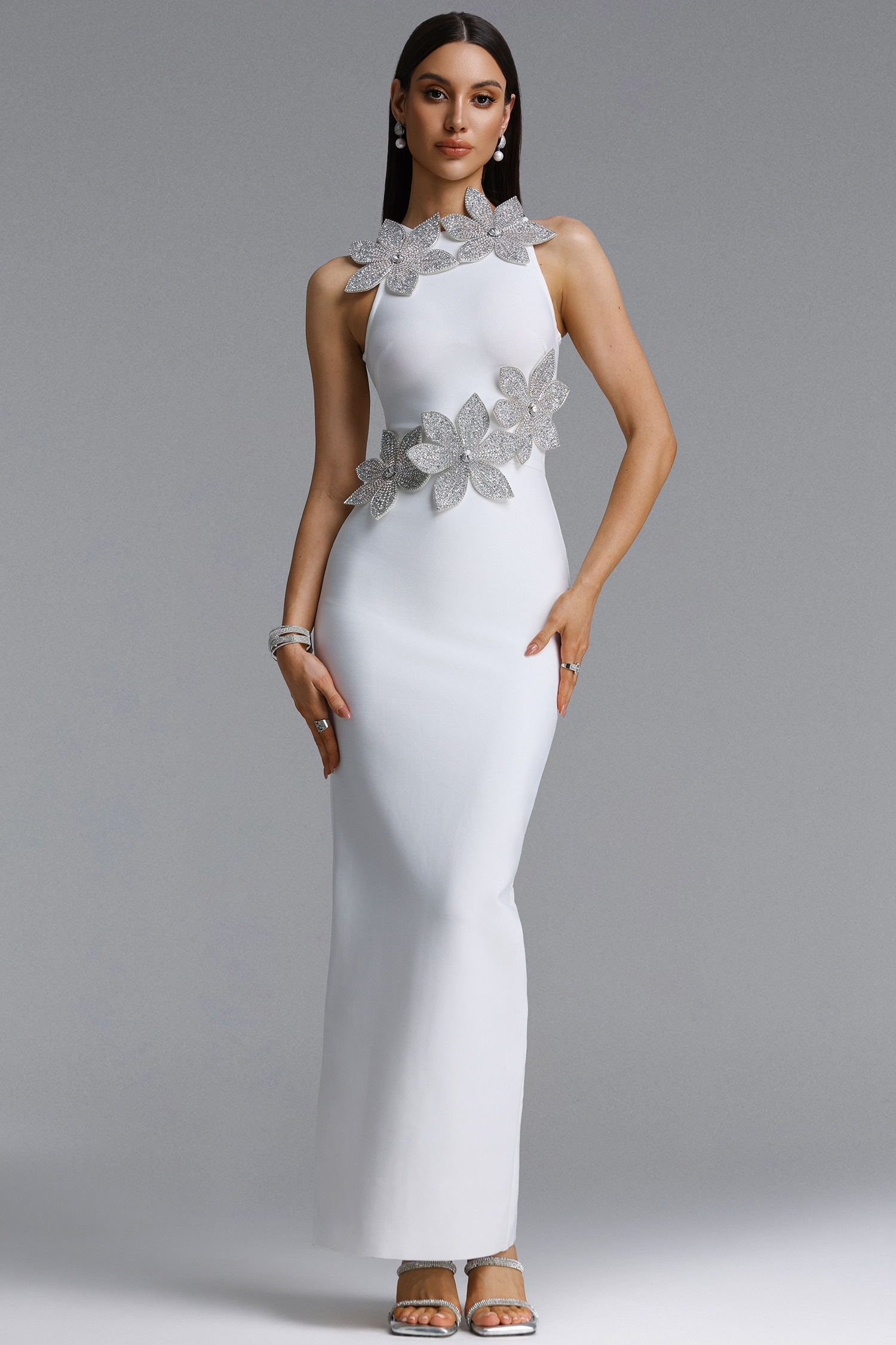 Whetu Elegant Contour Floral White Bandage Maxi Dress