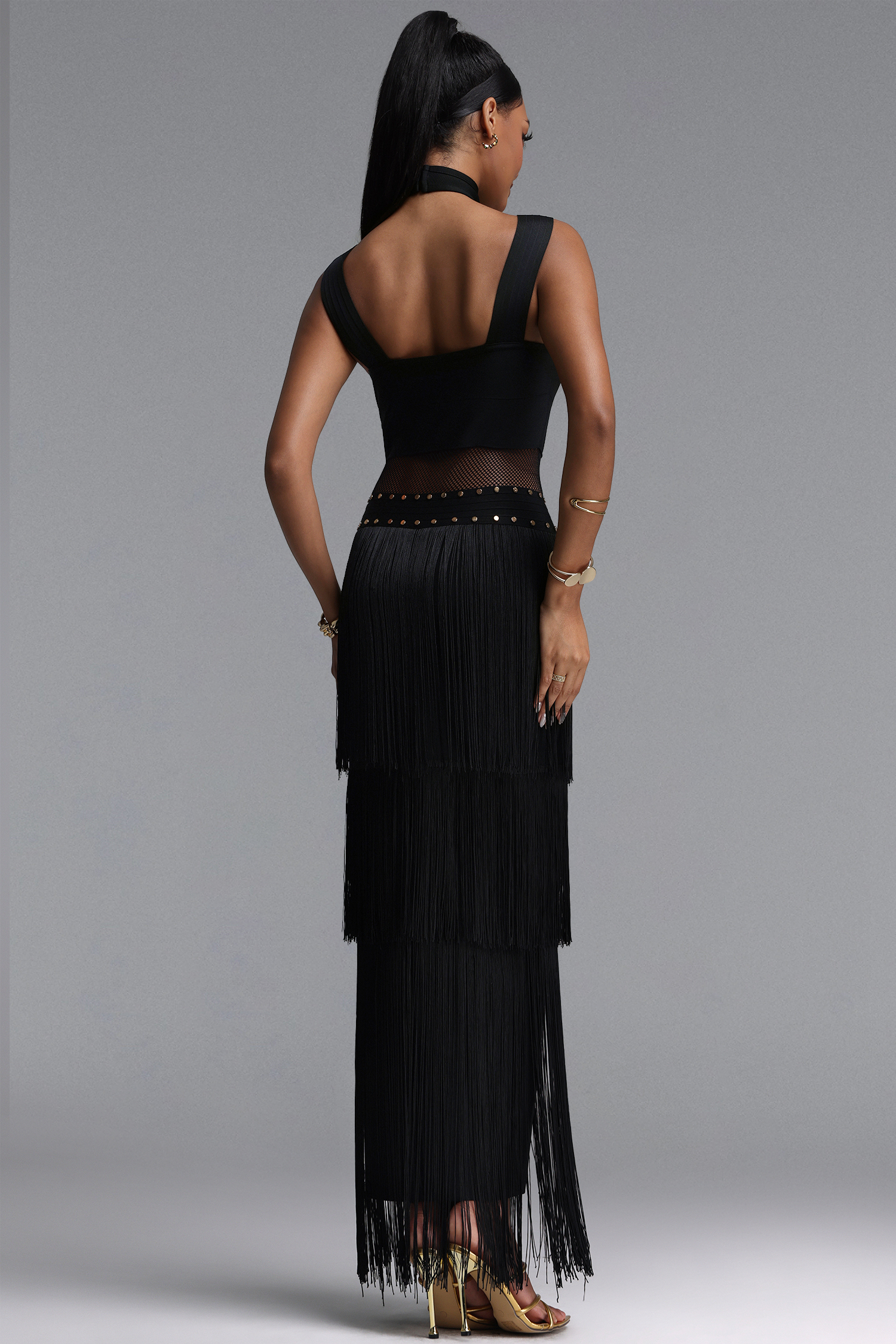 Rakel Stylish Fitted Halter Sheer Fringe Long Bandage Dress