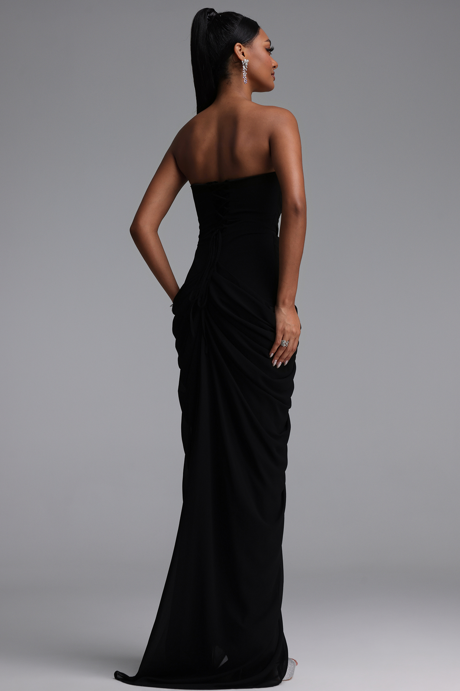 Tazeda Elegant Contour Strapless Ruched Mesh Black Maxi Dress