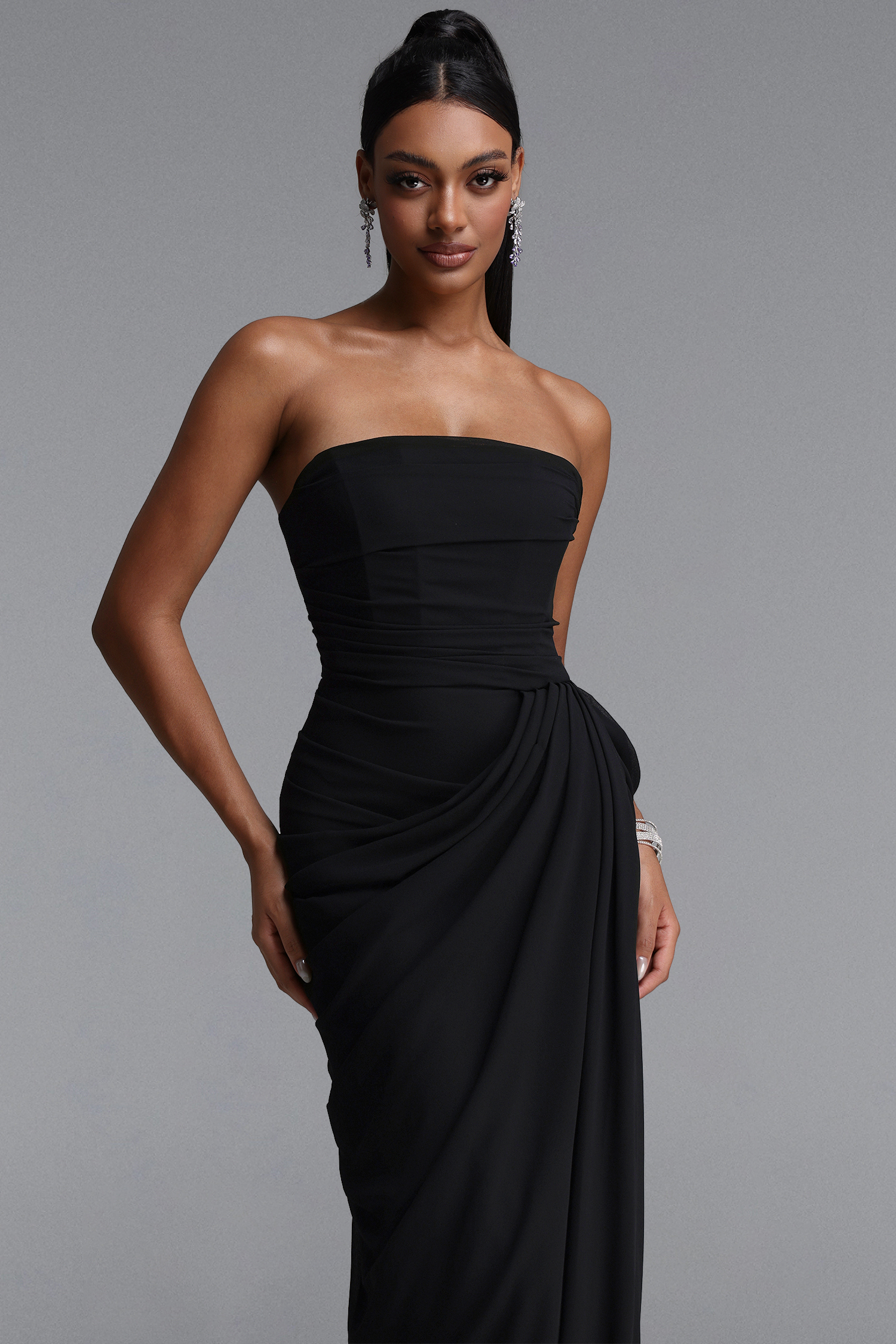 Tazeda Elegant Contour Strapless Ruched Mesh Black Maxi Dress