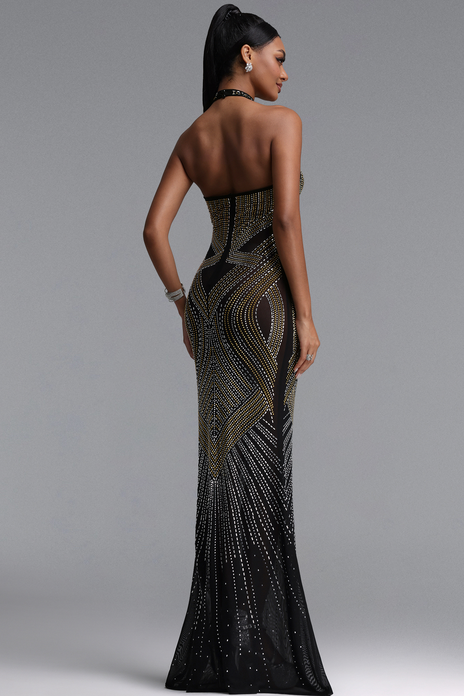 Zelda Gorgeous Halter Sleeveless Rhinestone Stretch Knit Maxi Dress