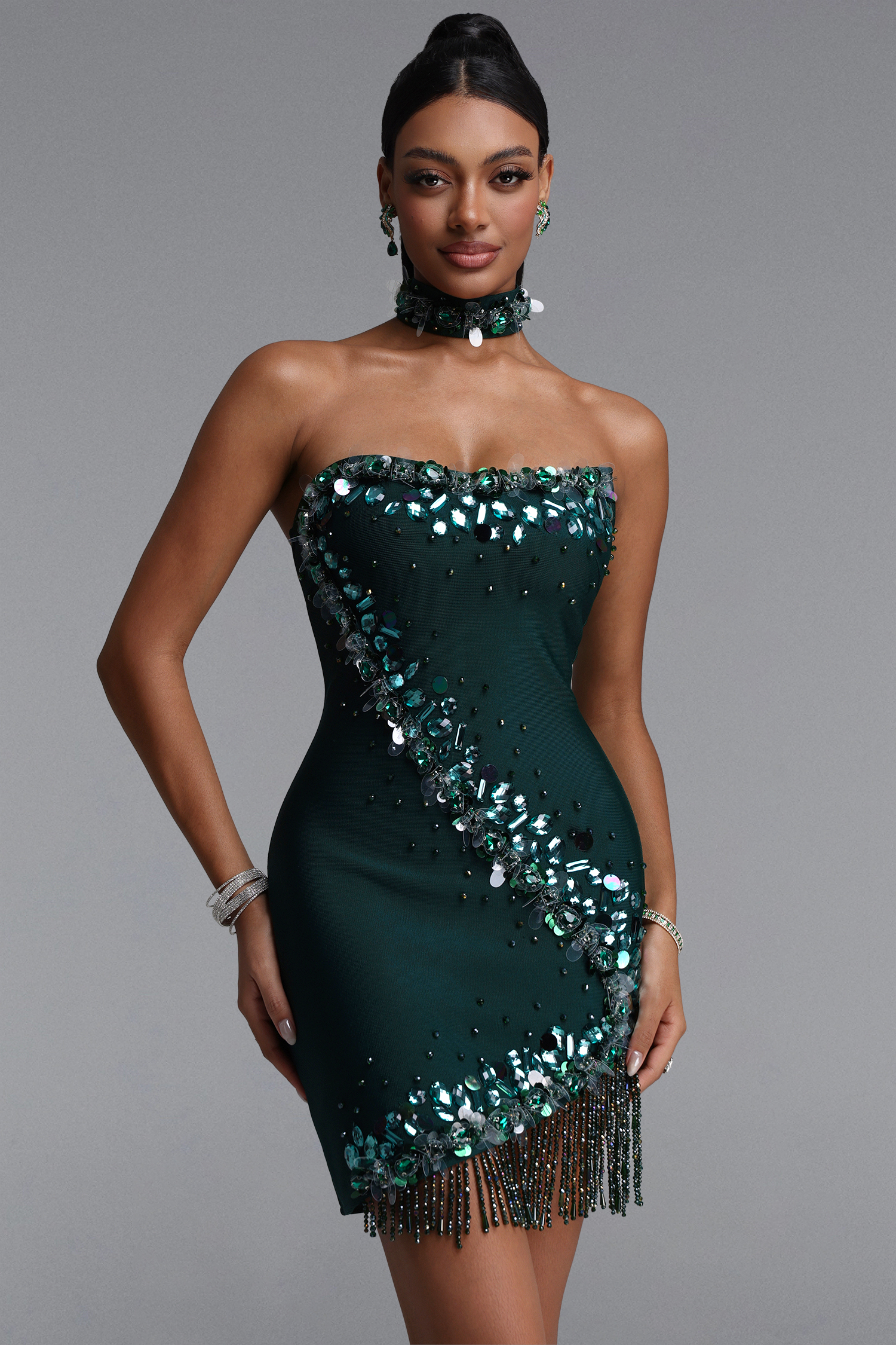Ock Exquisite Fitted Sequin Rhinestone Beaded Fringe Mini Bandage Dress