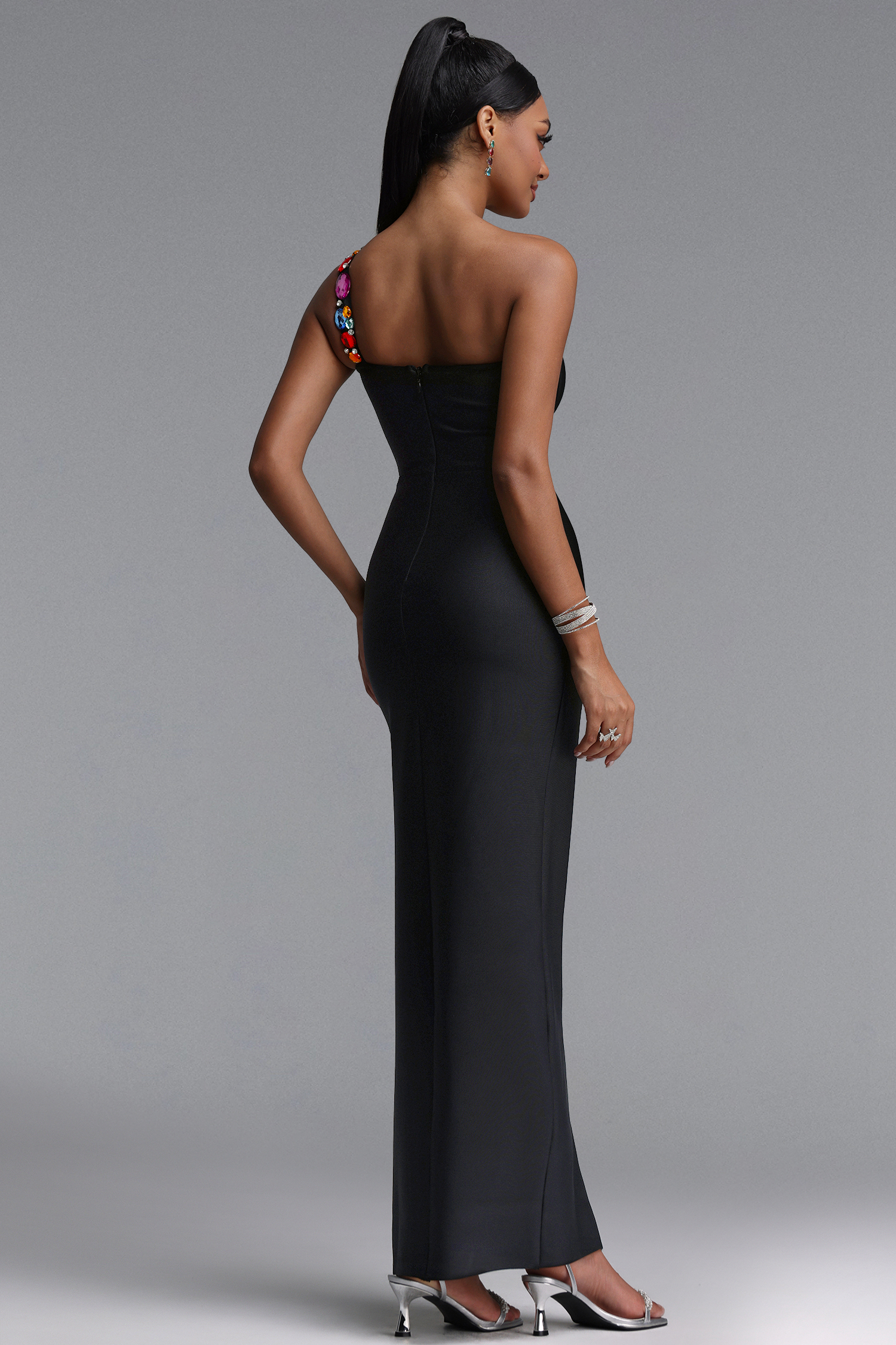 Gacia Elegant Fitted One Shoulder Color Rhinestone Slit Maxi Bandage Dress