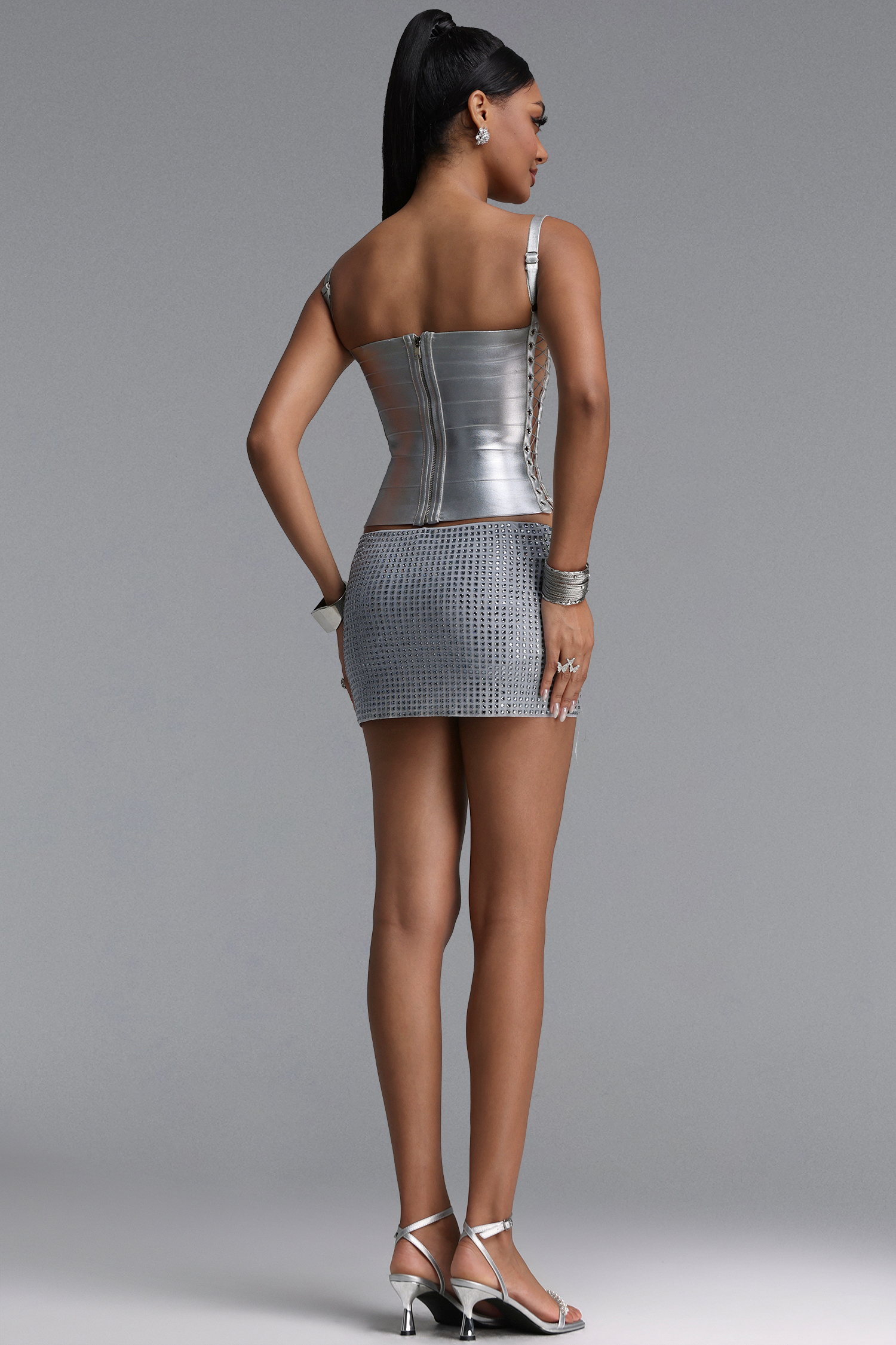 Fifer Sexy Fitted Tie Detail Silver Bandage Top
