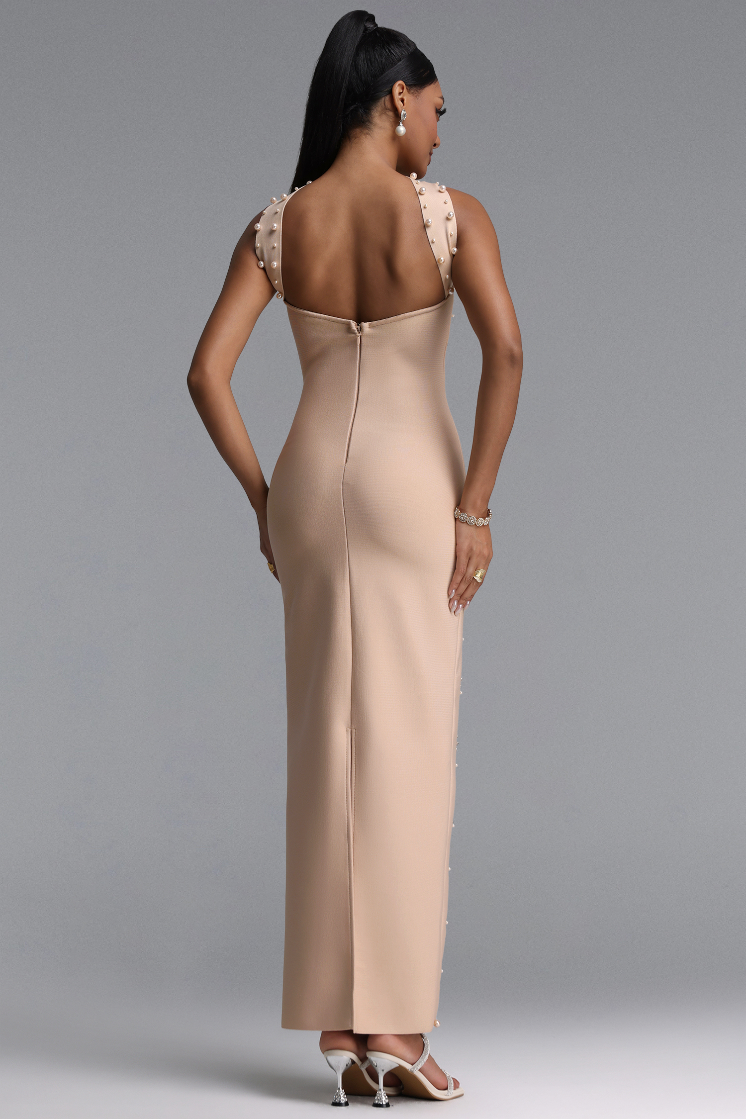 Nesya Sleeveless Pearl Bandage Nude Maxi Dress