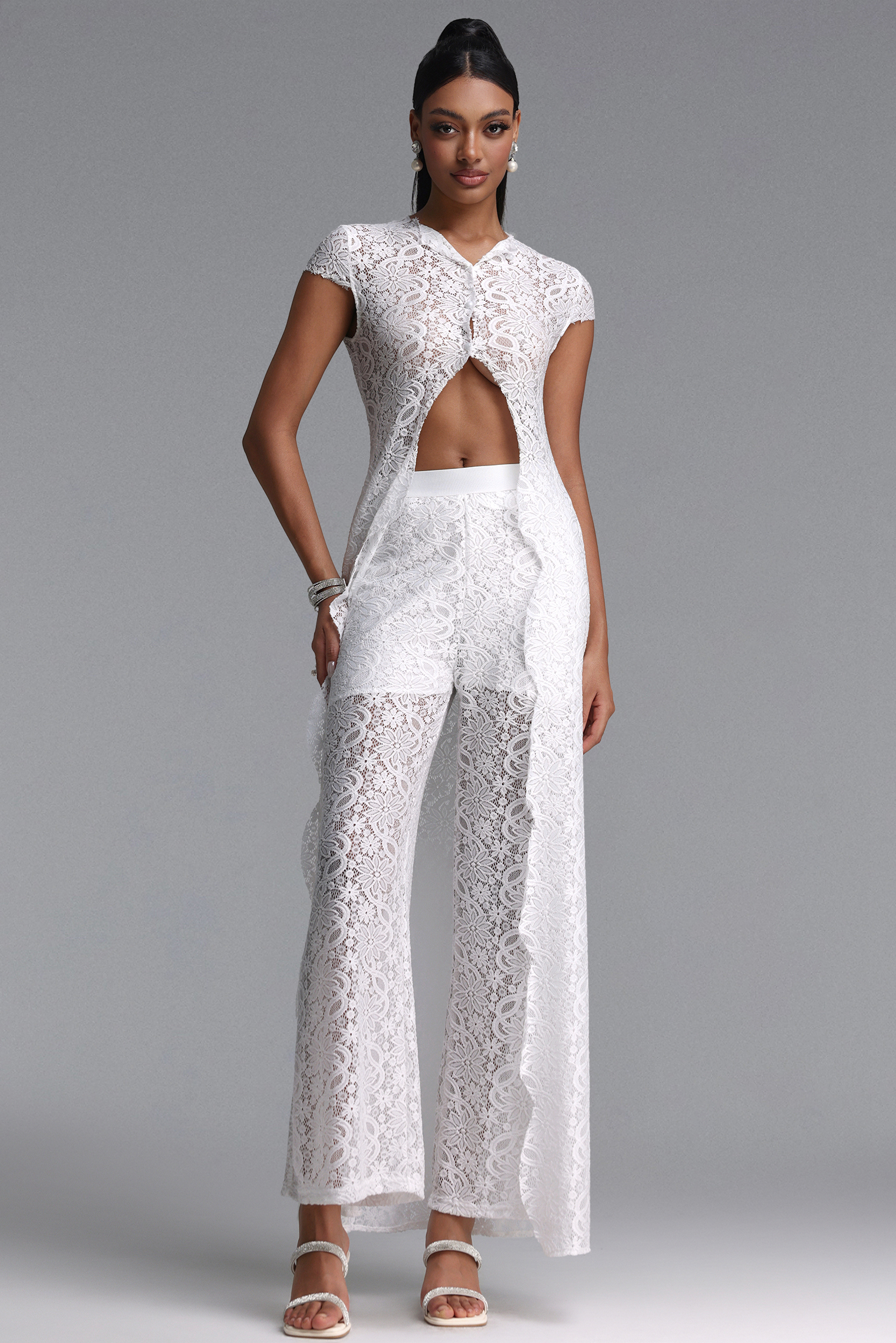 Vikare Elegant Lace Short Sleeve Slit Top And Wide Leg Pants Two-piece Set