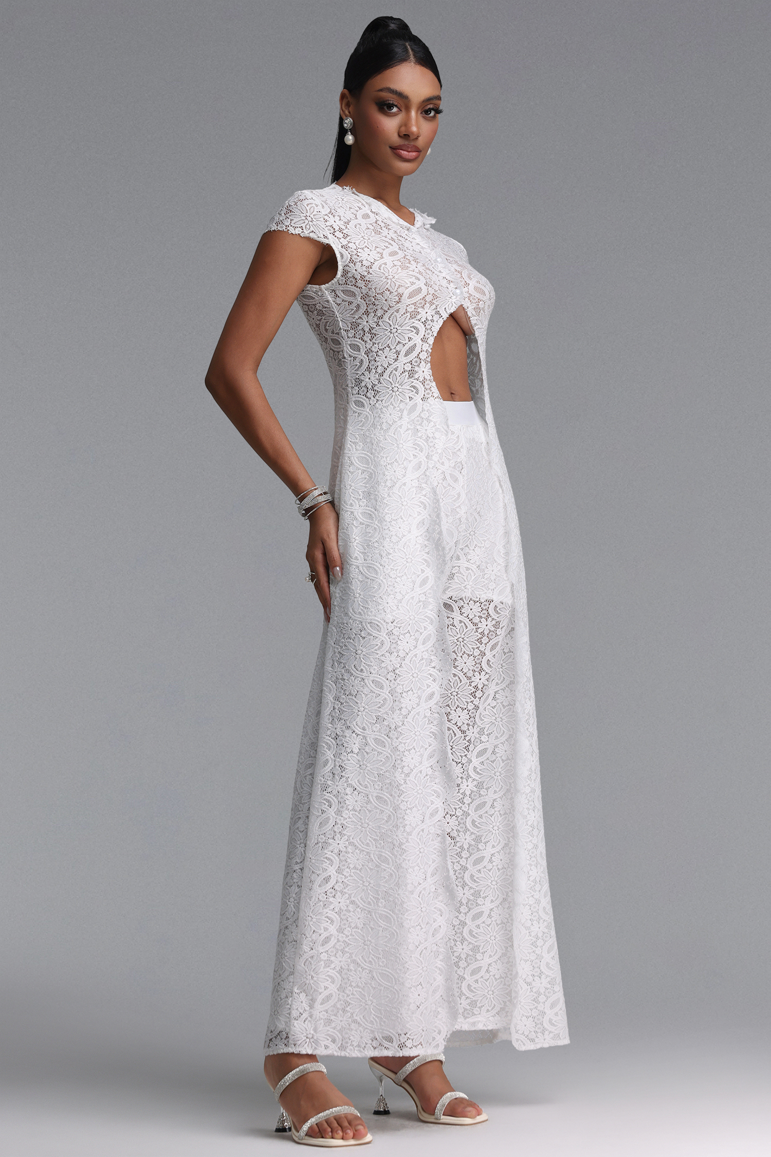 Vikare Elegant Lace Short Sleeve Slit Top And Wide Leg Pants Two-piece Set