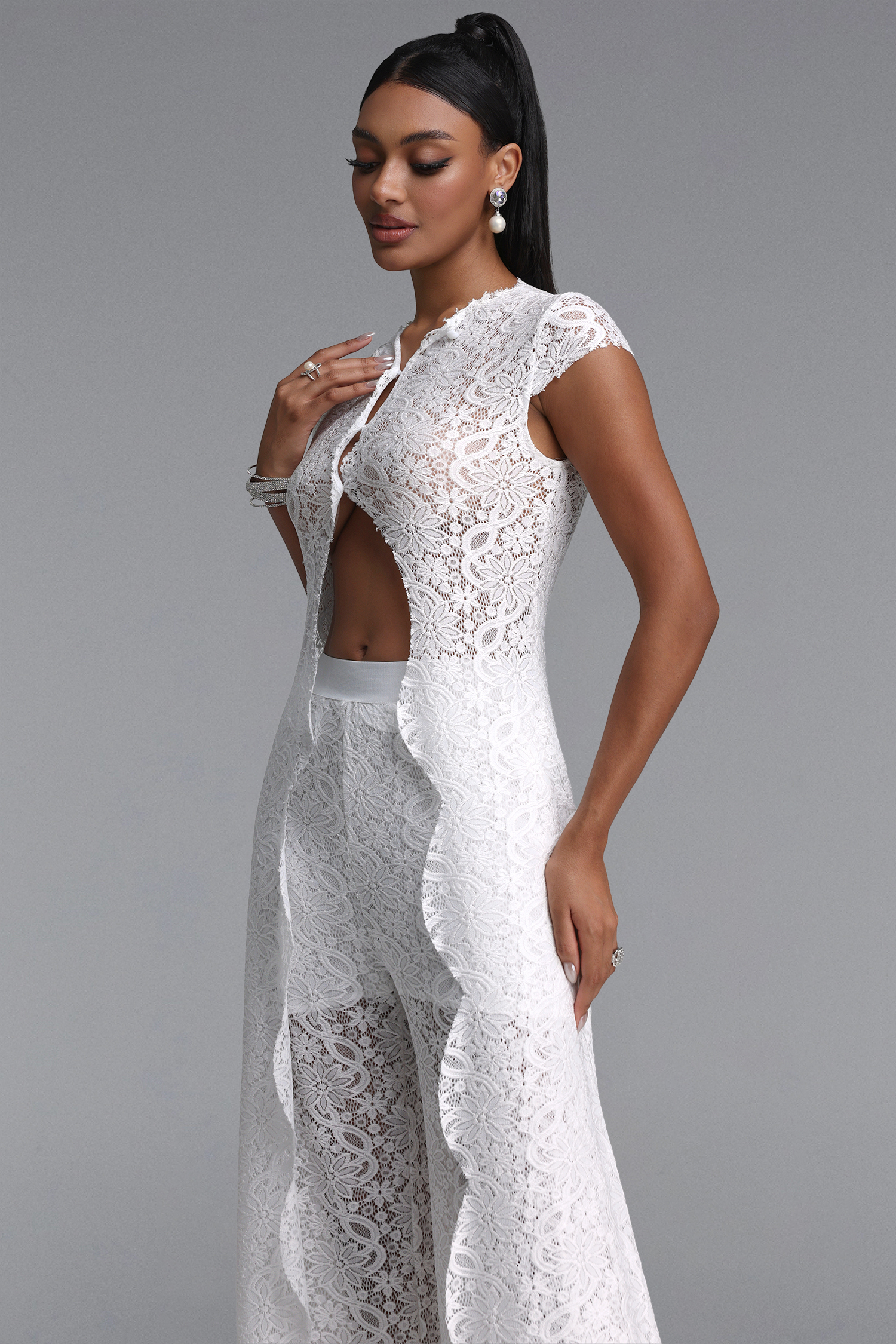 Vikare Elegant Lace Short Sleeve Slit Top And Wide Leg Pants Two-piece Set