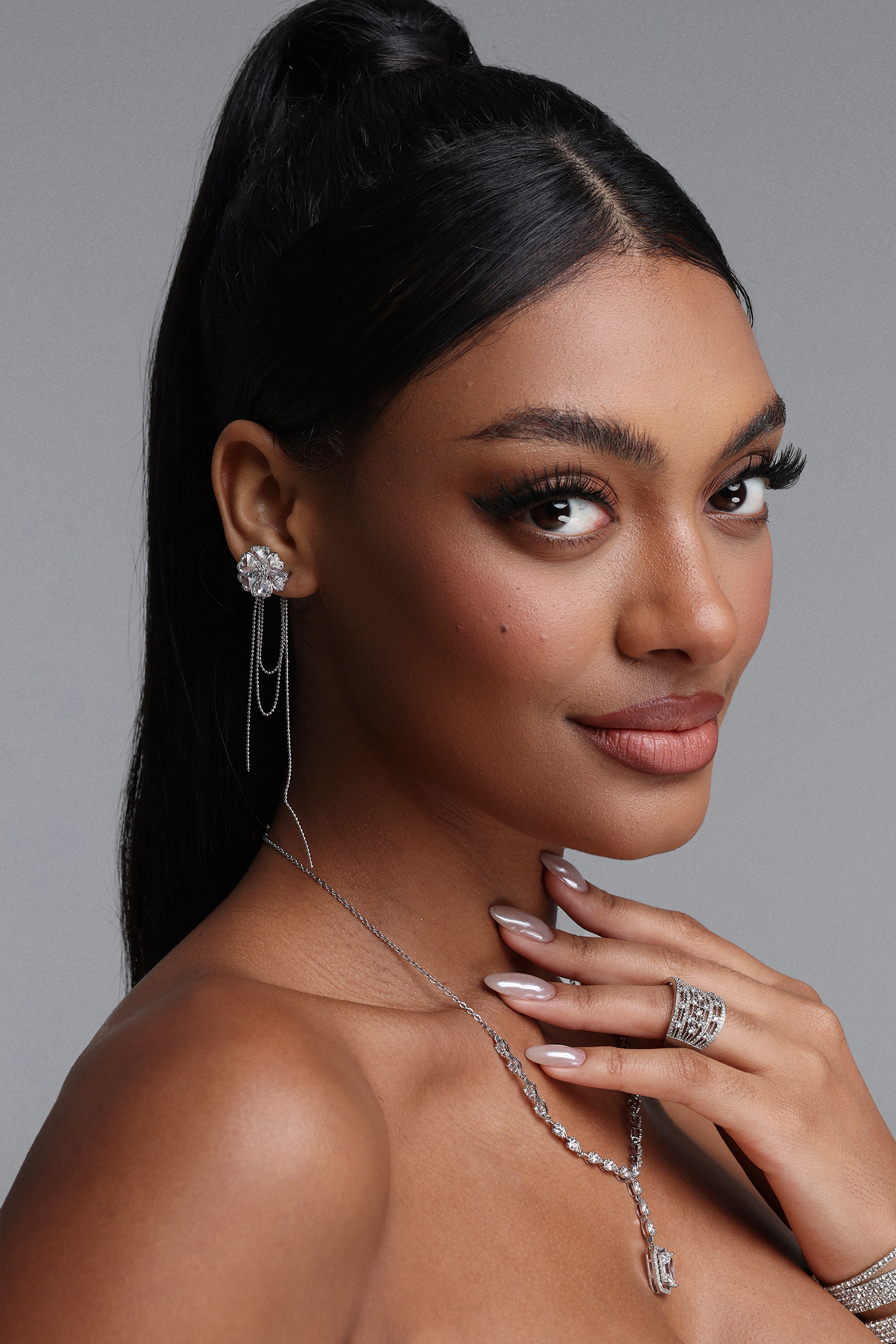 Nasim Crystal Flower Multi Layer Tassel Earrings