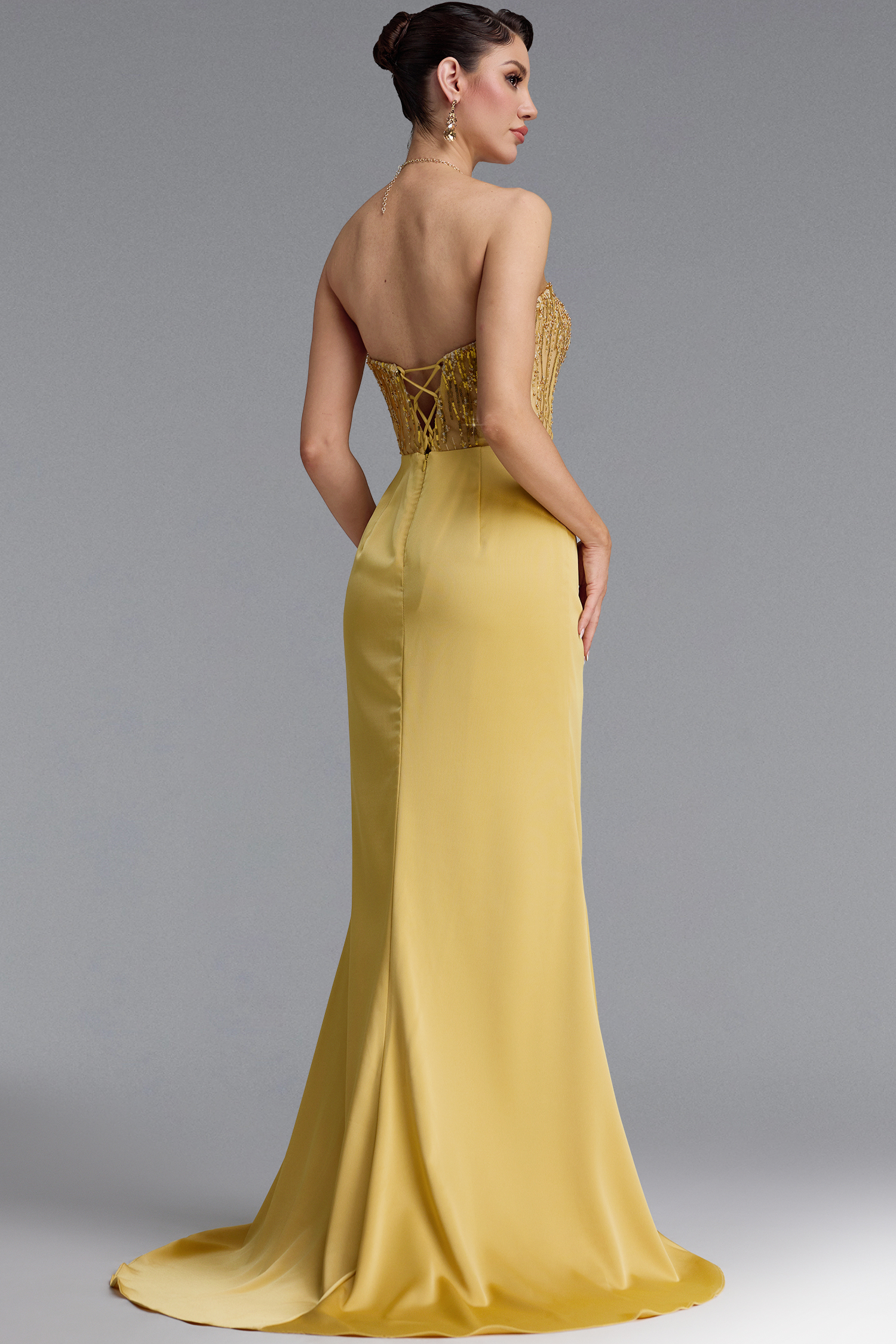Karmen Classic Strapless Flower Beaded Satin High Slit Mermaid Maxi Dress
