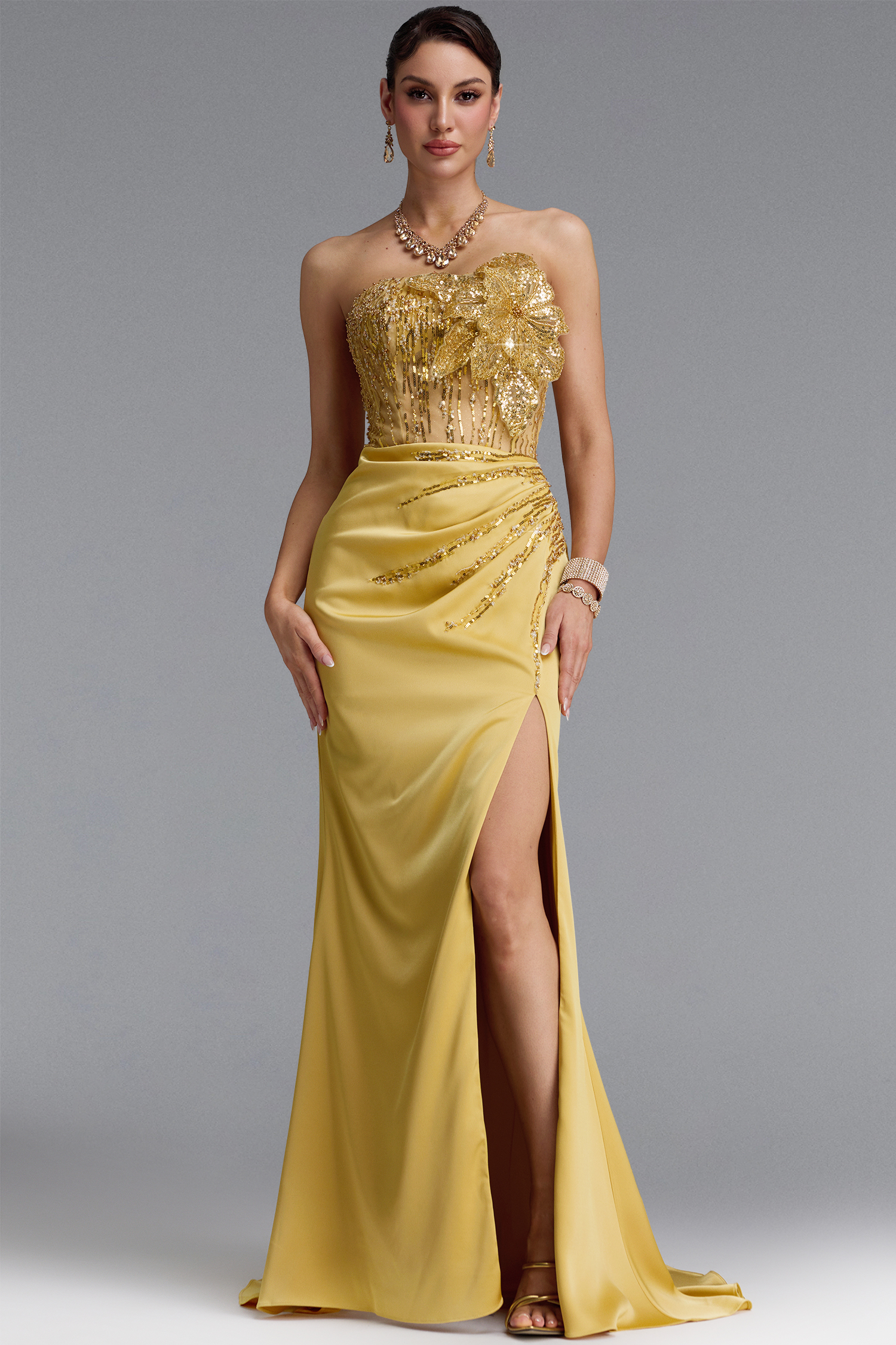 Karmen Classic Strapless Flower Beaded Satin High Slit Mermaid Maxi Dress