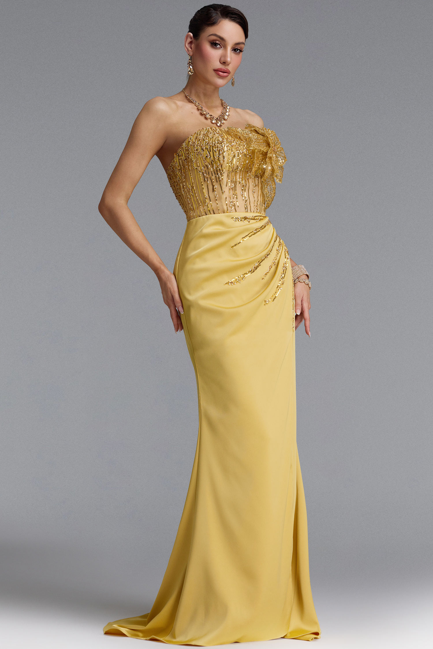 Karmen Classic Strapless Flower Beaded Satin High Slit Mermaid Maxi Dress
