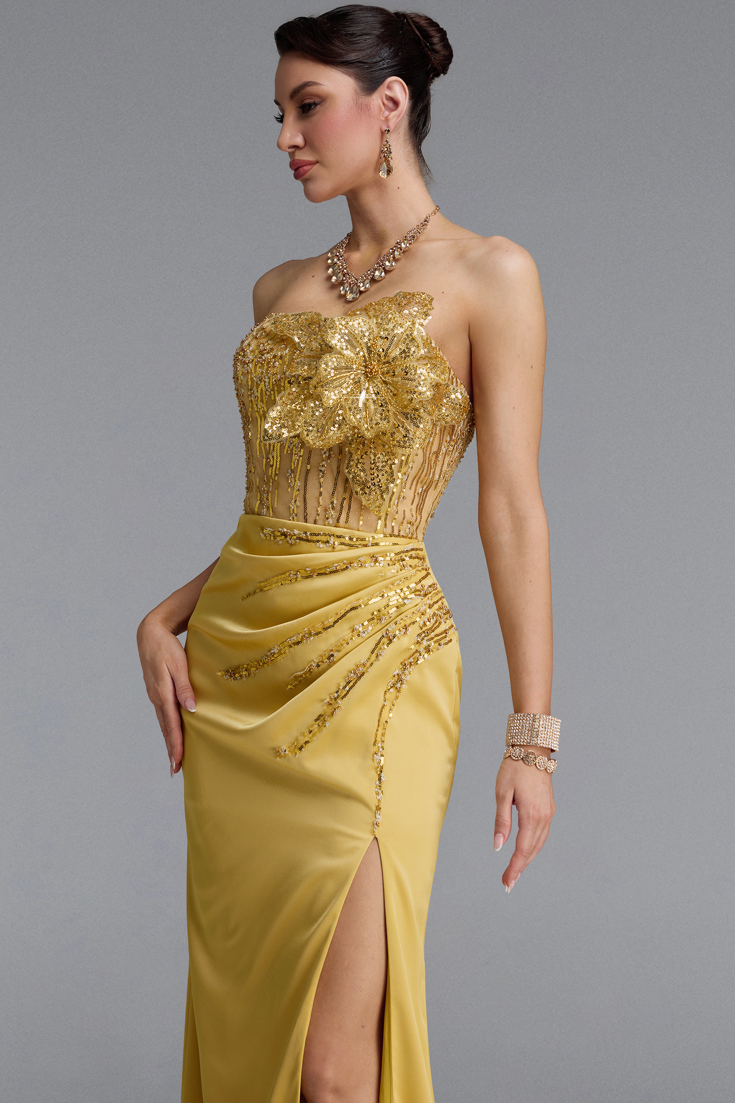 Karmen Classic Strapless Flower Beaded Satin High Slit Mermaid Maxi Dress