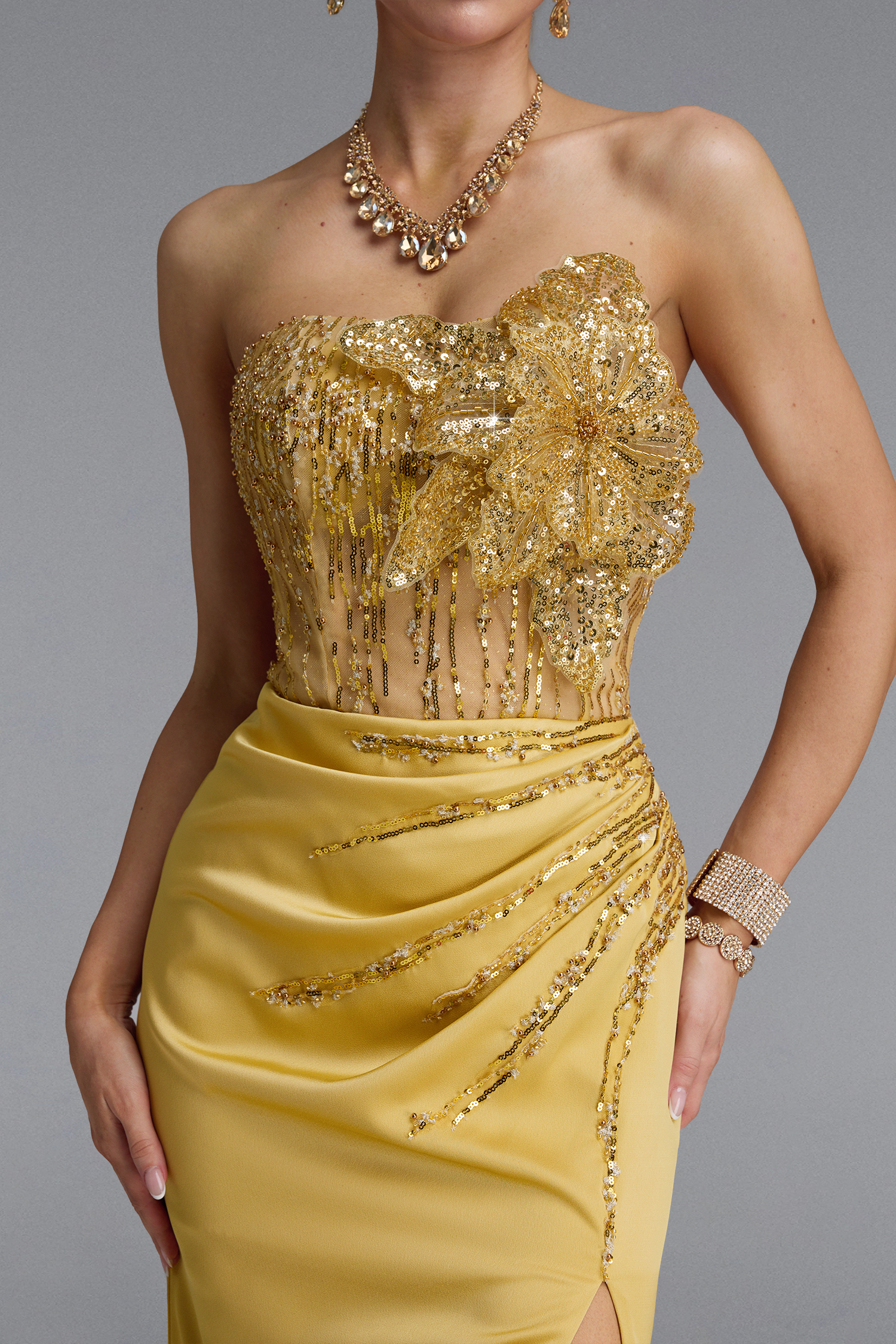 Karmen Classic Strapless Flower Beaded Satin High Slit Mermaid Maxi Dress