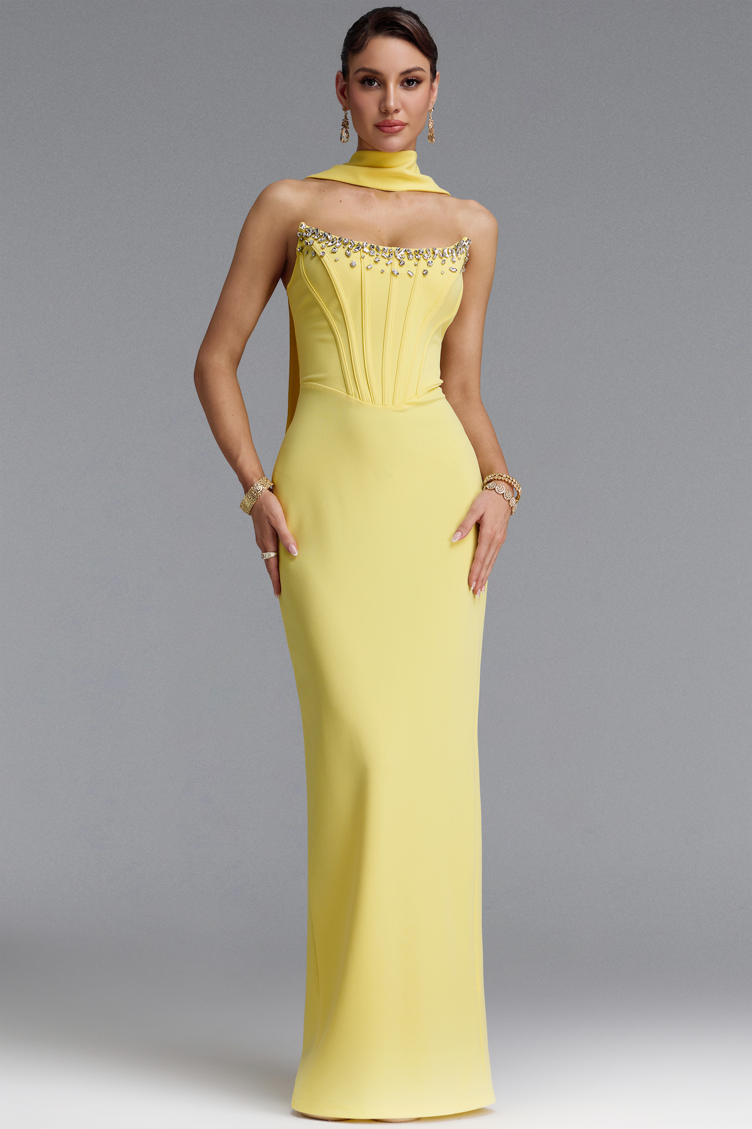 Wilson Classic Strapless Rhinestone Boned Corset Sash Bandage Maxi Dress