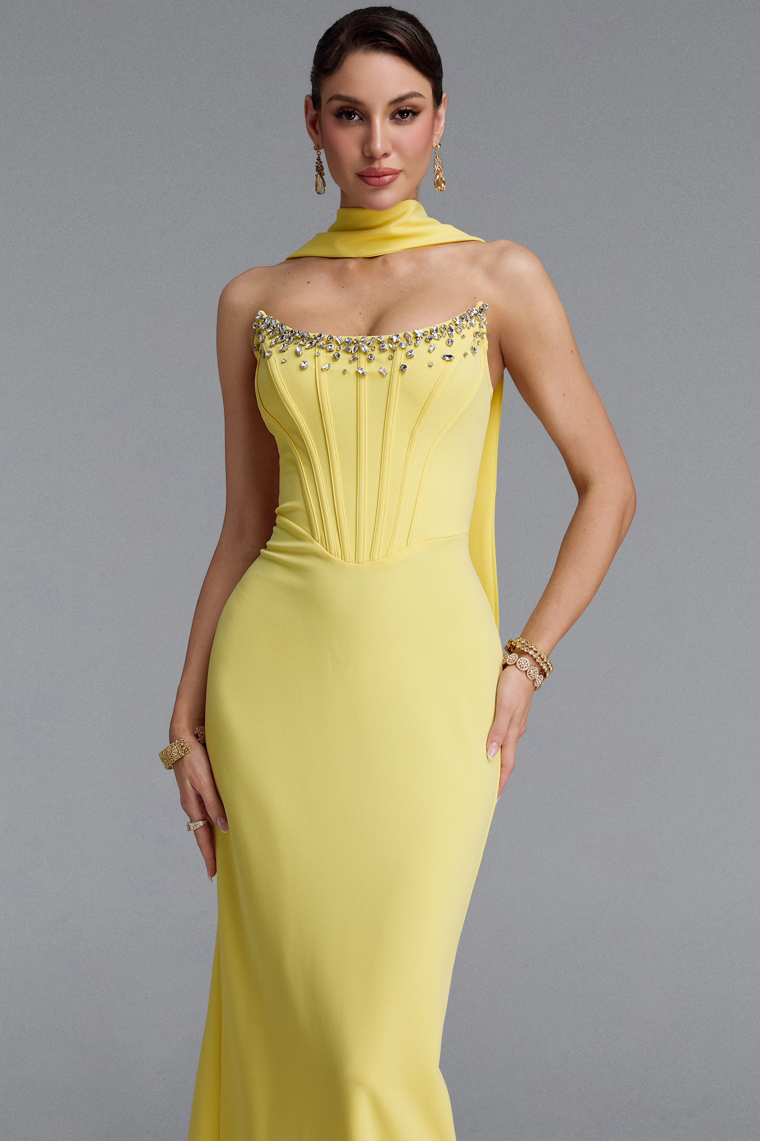 Wilson Classic Strapless Rhinestone Boned Corset Sash Bandage Maxi Dress
