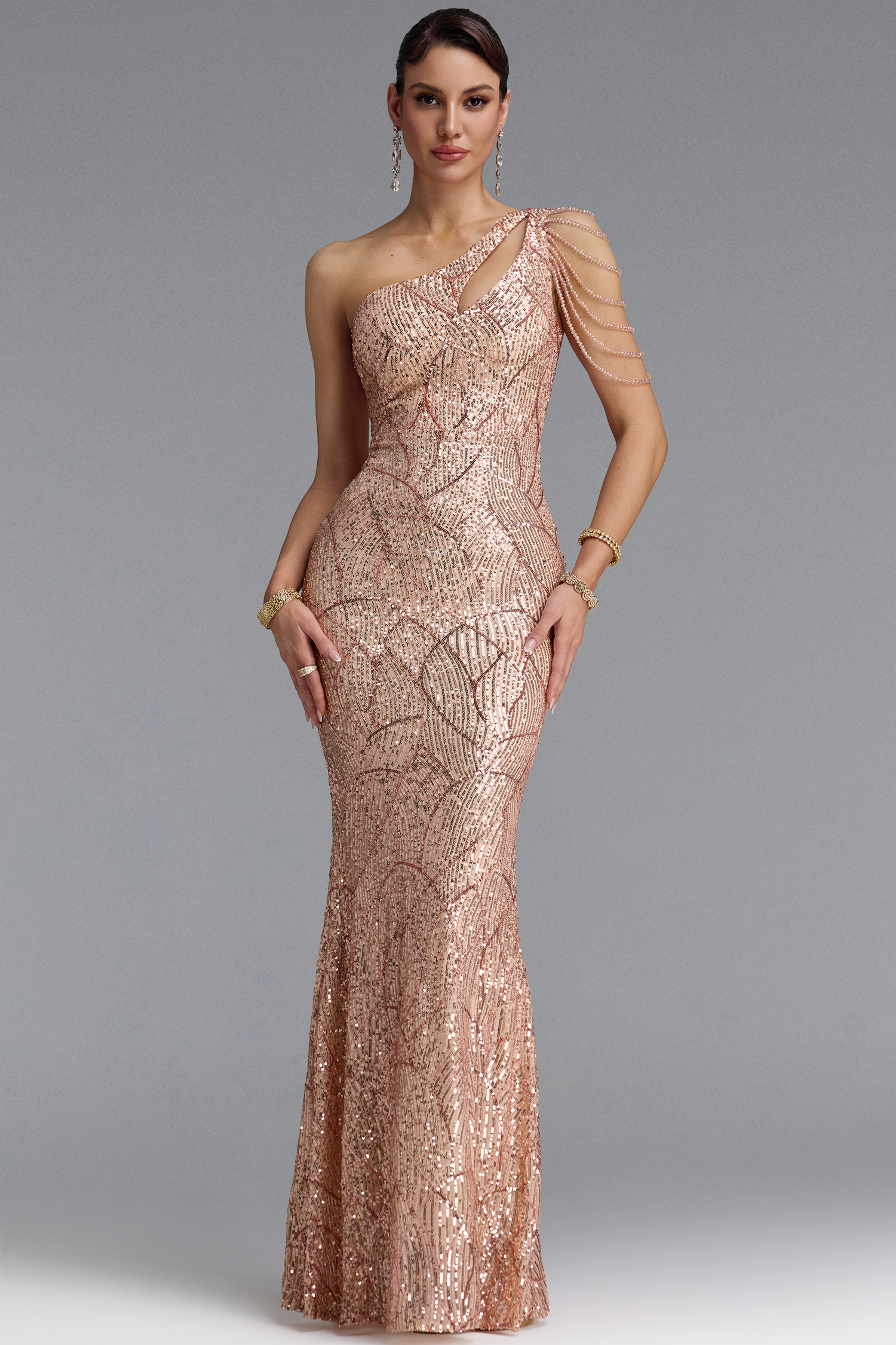Gamora One Shoulder Sequin Beige Maxi Dress